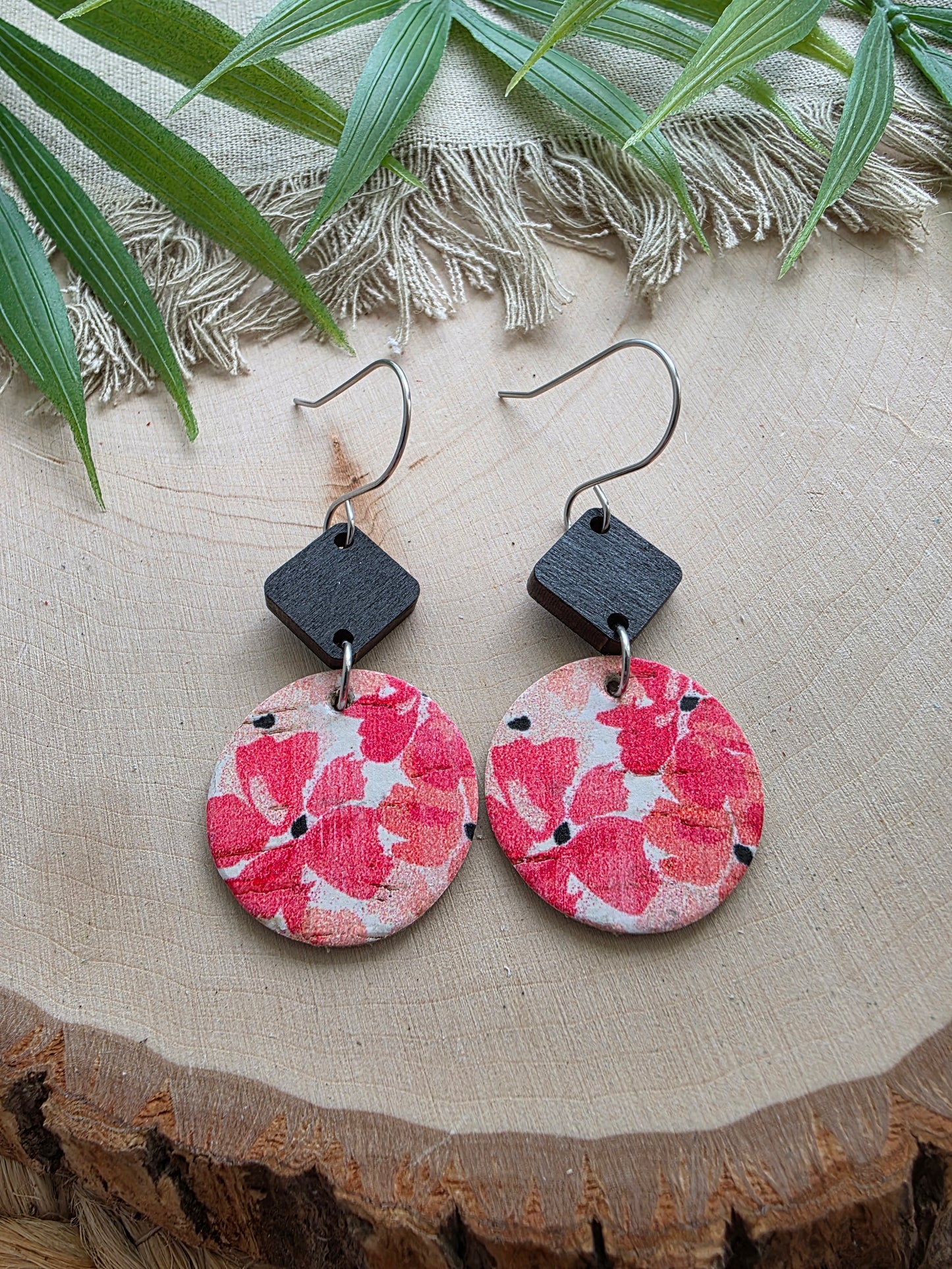 Coral Pink Vinca Floral Circle Earrings