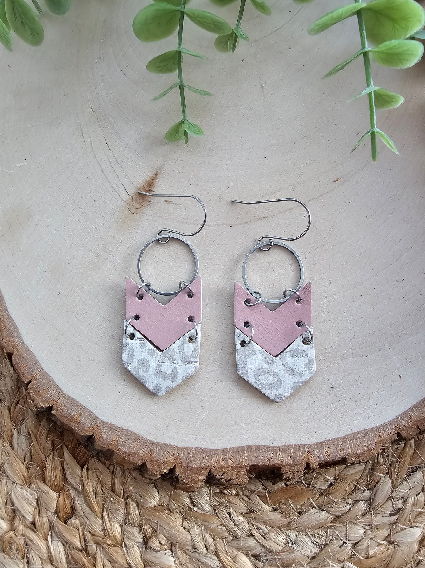 Snow Leopard Print & Pink Double Chevron Earrings