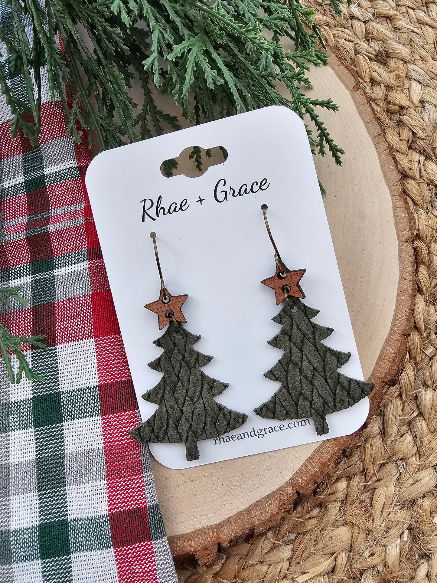 Olive Green Braided Christmas Tree Earrings
