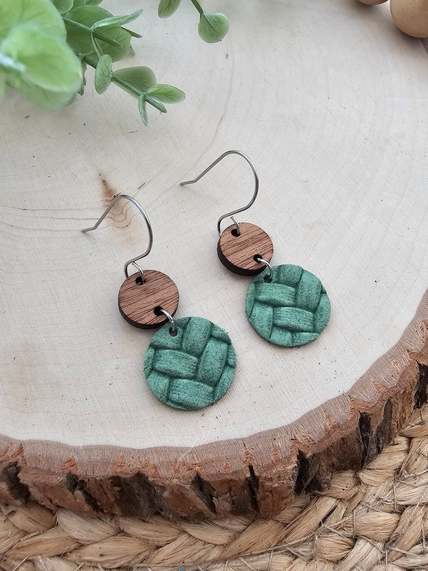 Spring Green Embossed Braid Dainty Circle Earrings