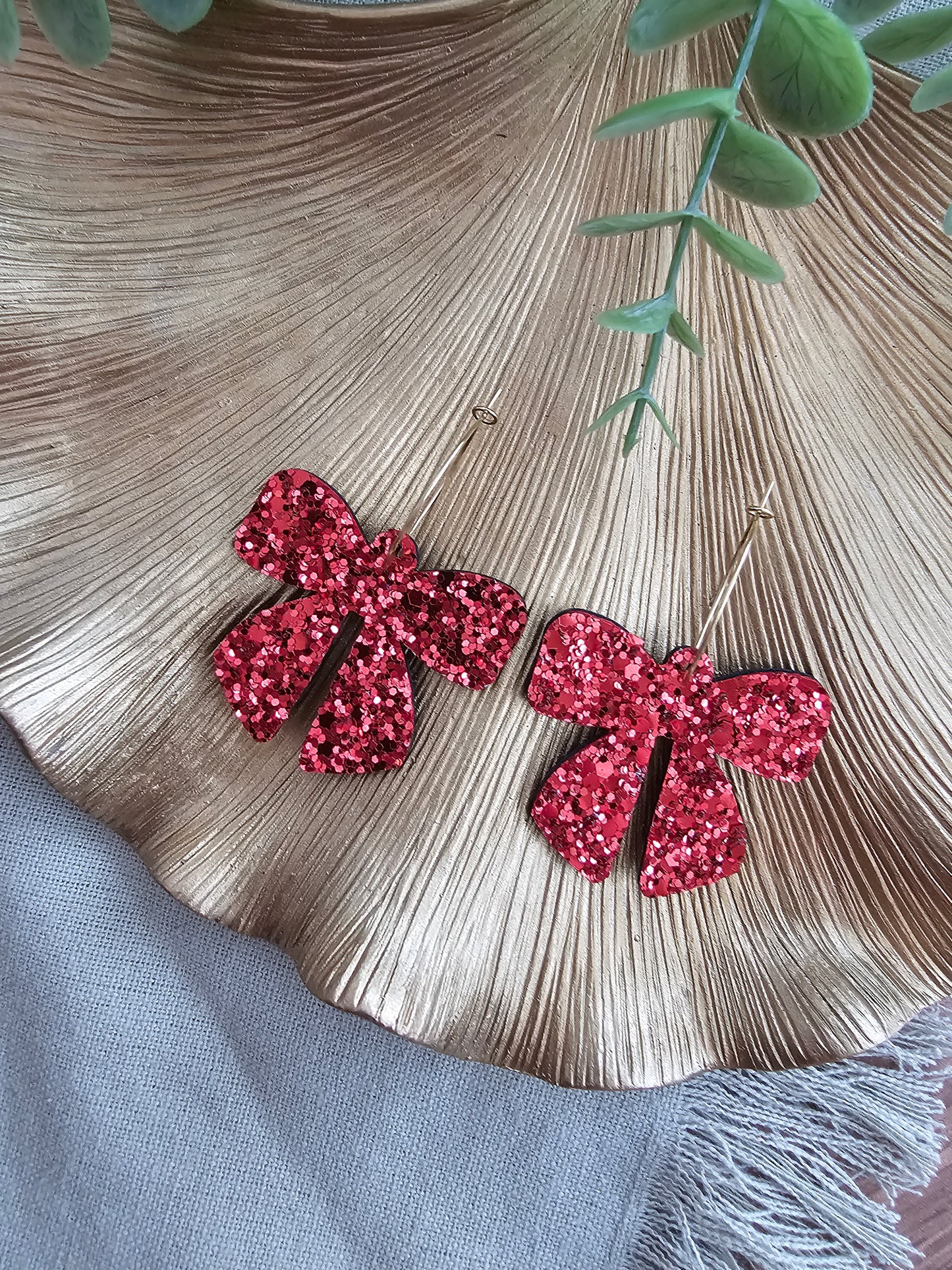Ruby Red Glitter Bow Earrings