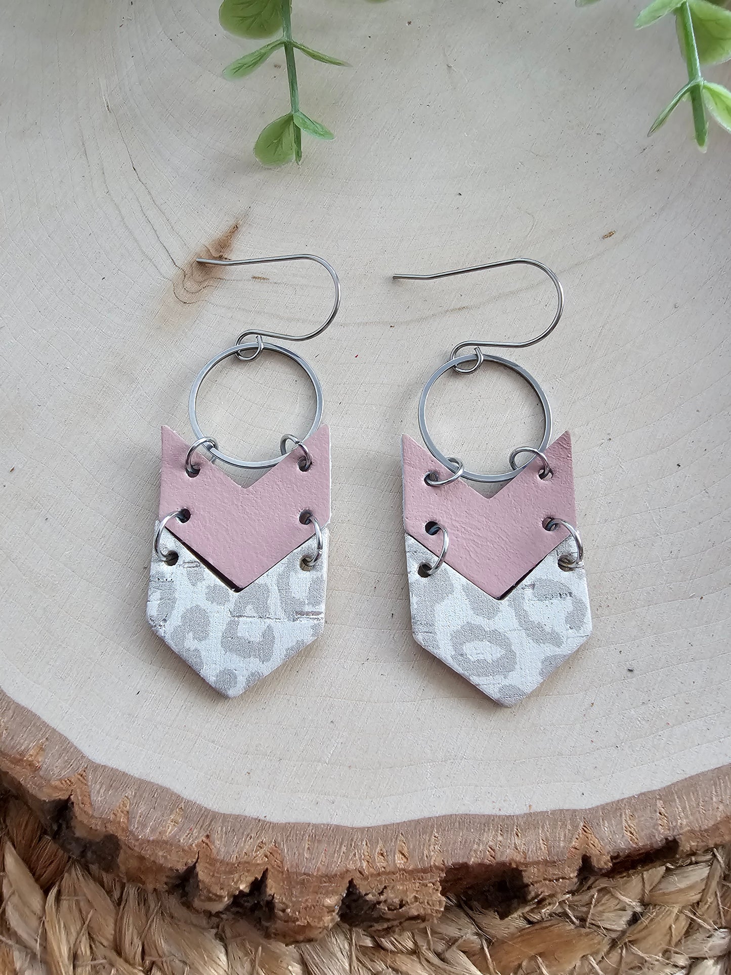 Snow Leopard Print & Pink Double Chevron Earrings