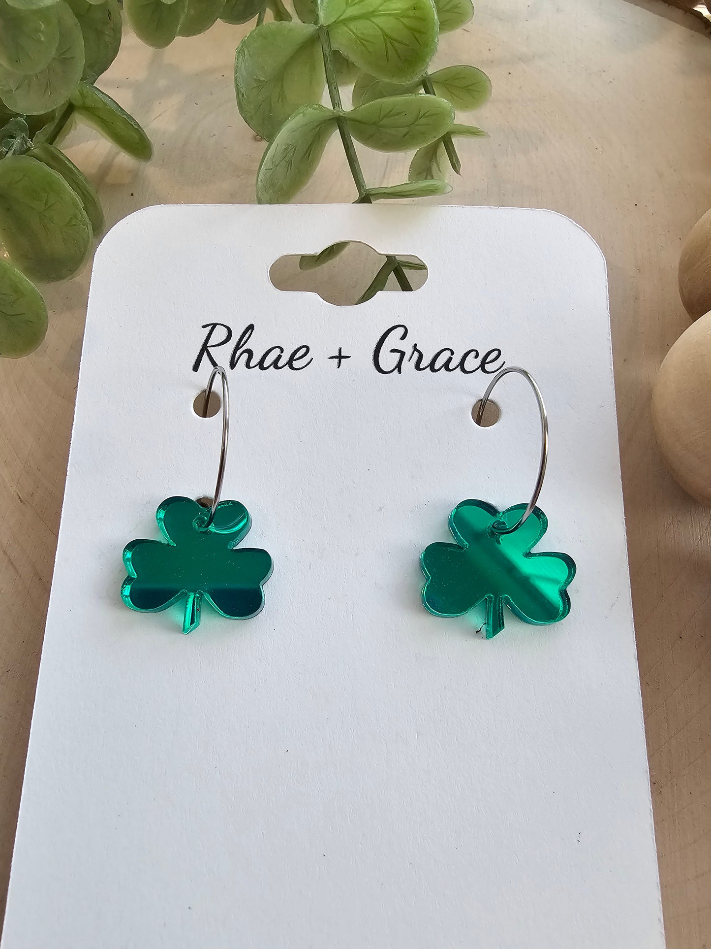 Dainty Mirrored Green Acrylic Shamrock Hoop Earrings