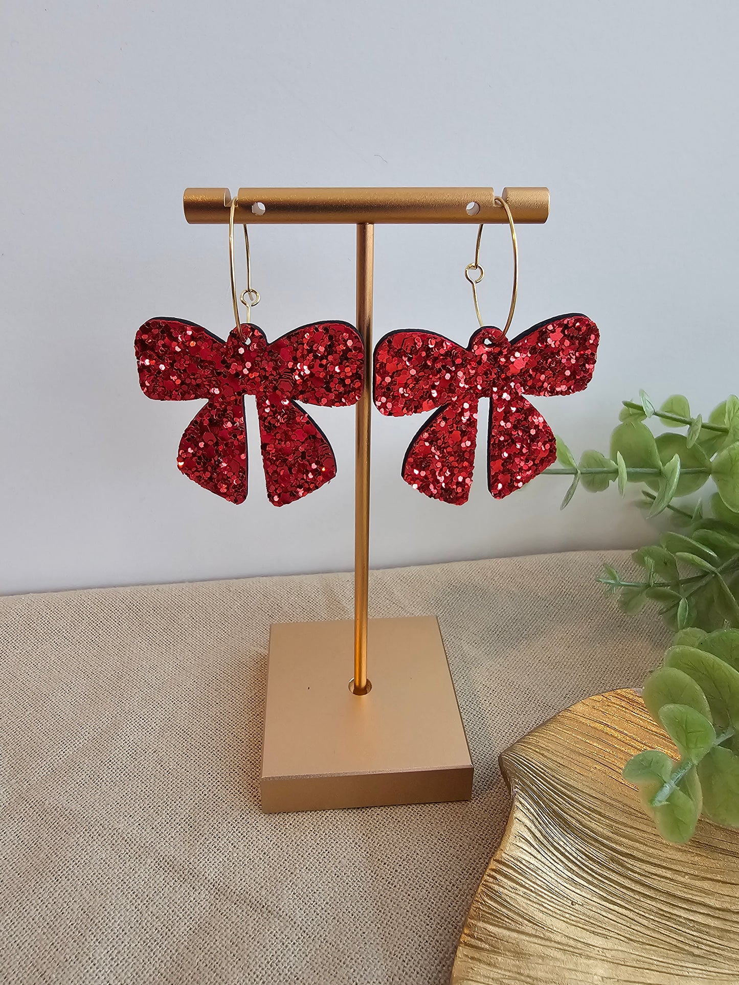 Ruby Red Glitter Bow Earrings