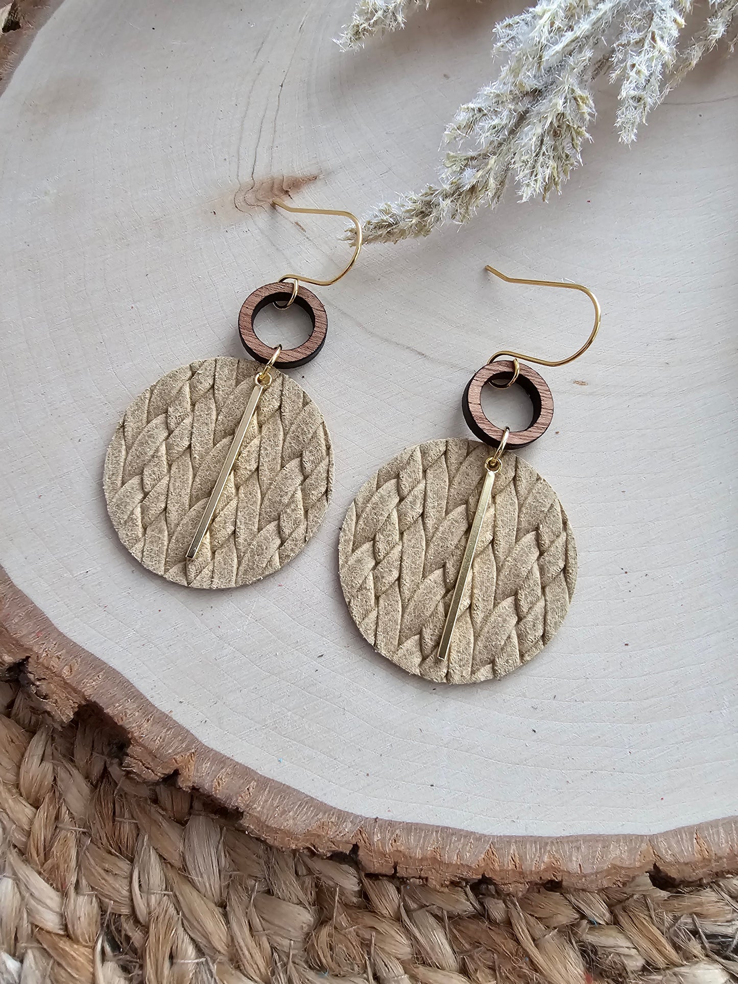 Beige Braided Circle Earrings - Silver or Gold