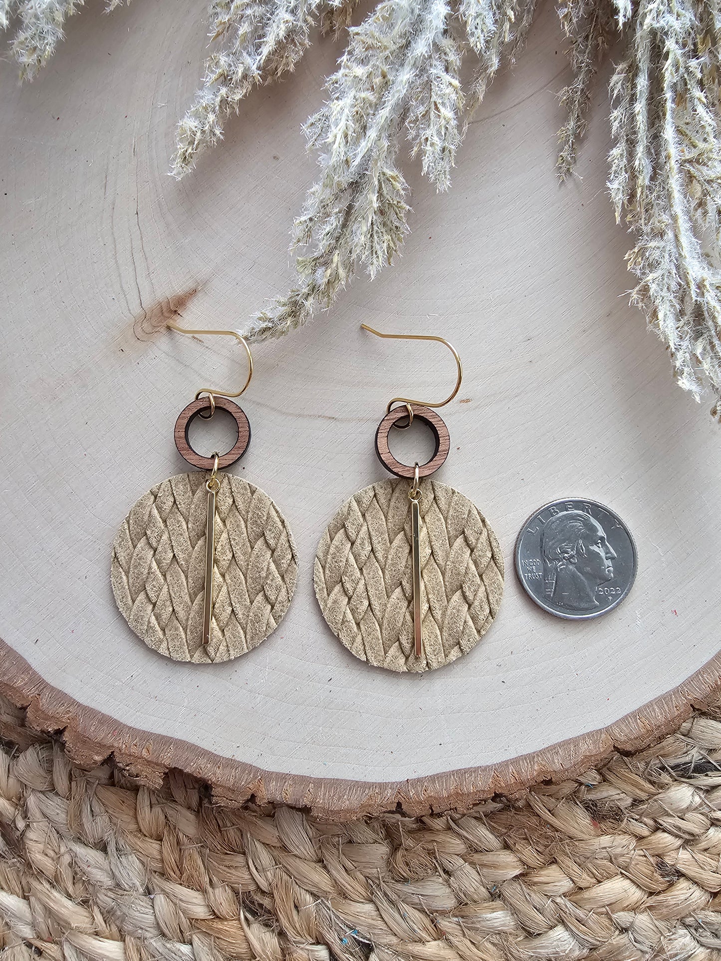 Beige Braided Circle Earrings - Silver or Gold