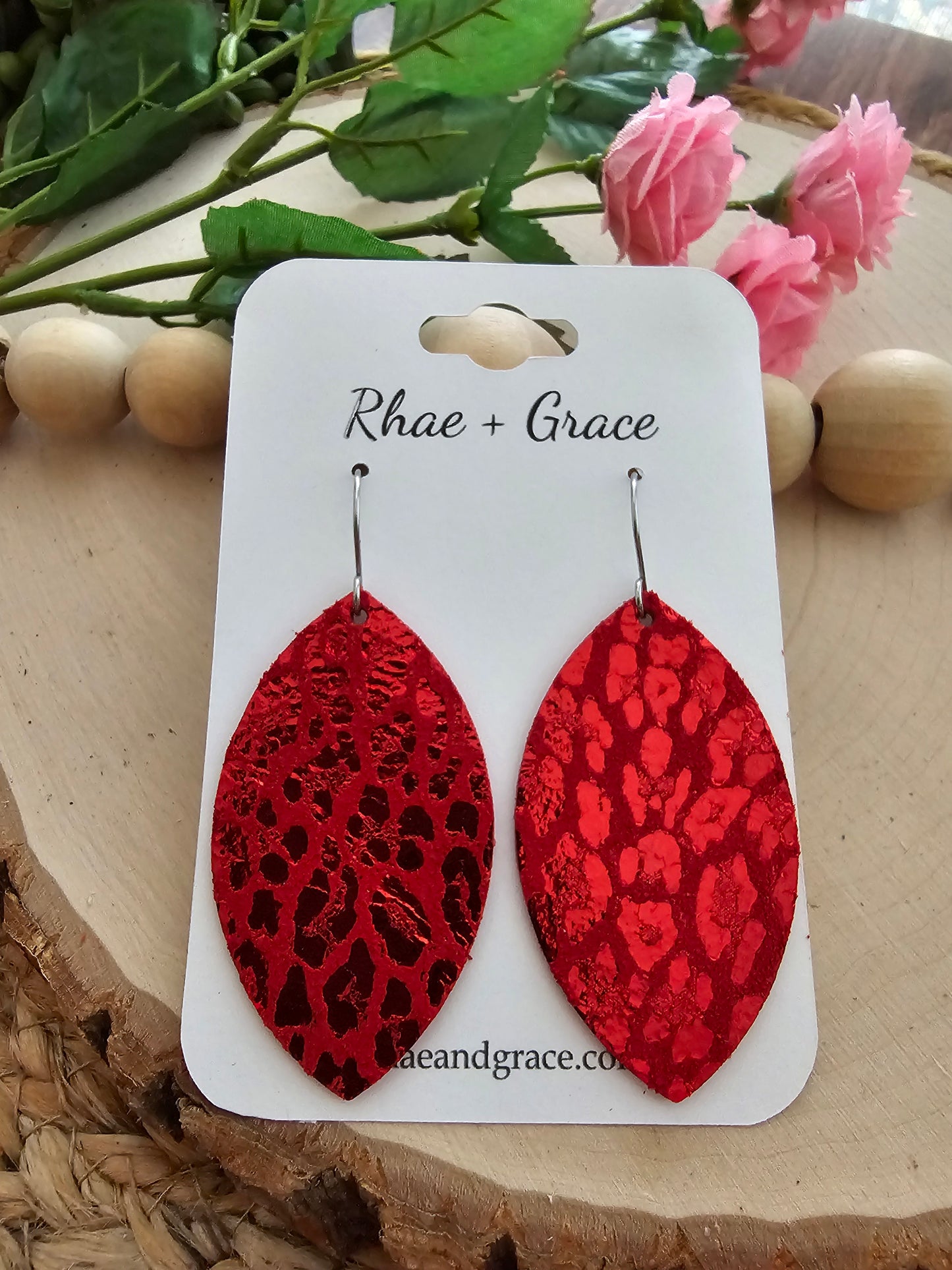 Red Leopard Print Shimmer Leaf Leather Earrings