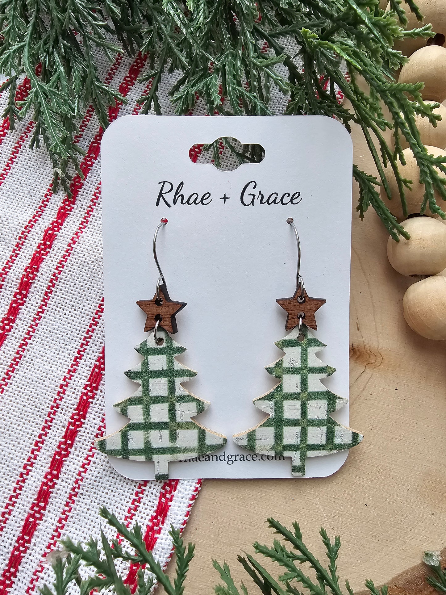 Green Farmhouse Plaid Christmas Tree Earrings