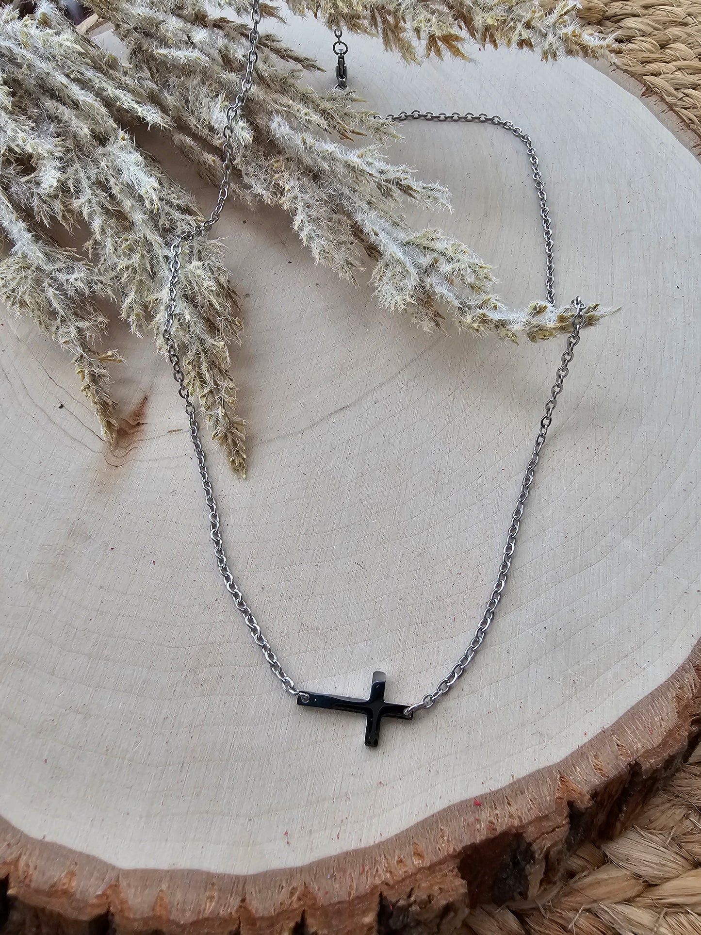 Dainty Sideways Cross Necklace - Silver Stainless Steel