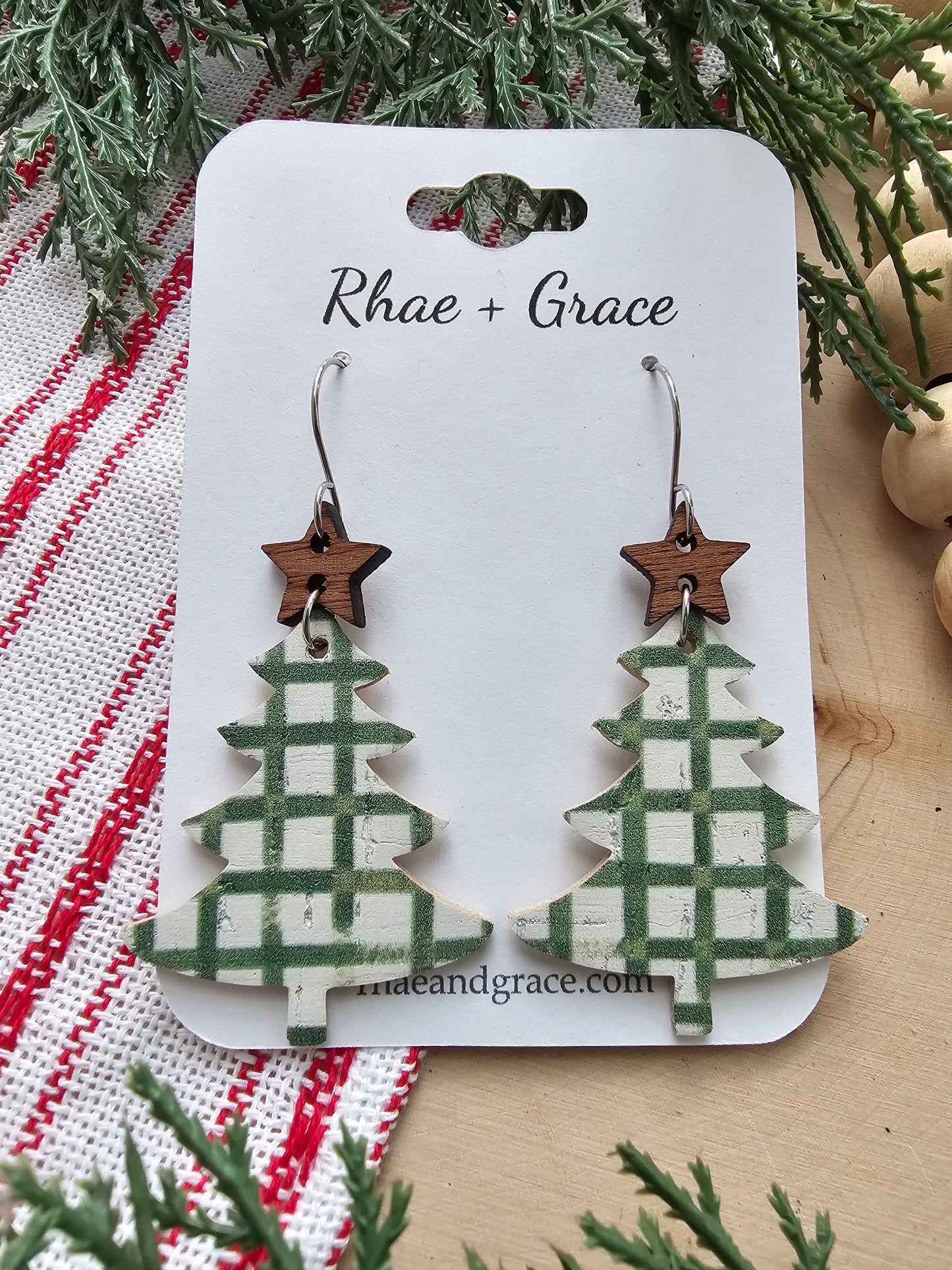 Green Farmhouse Plaid Christmas Tree Earrings