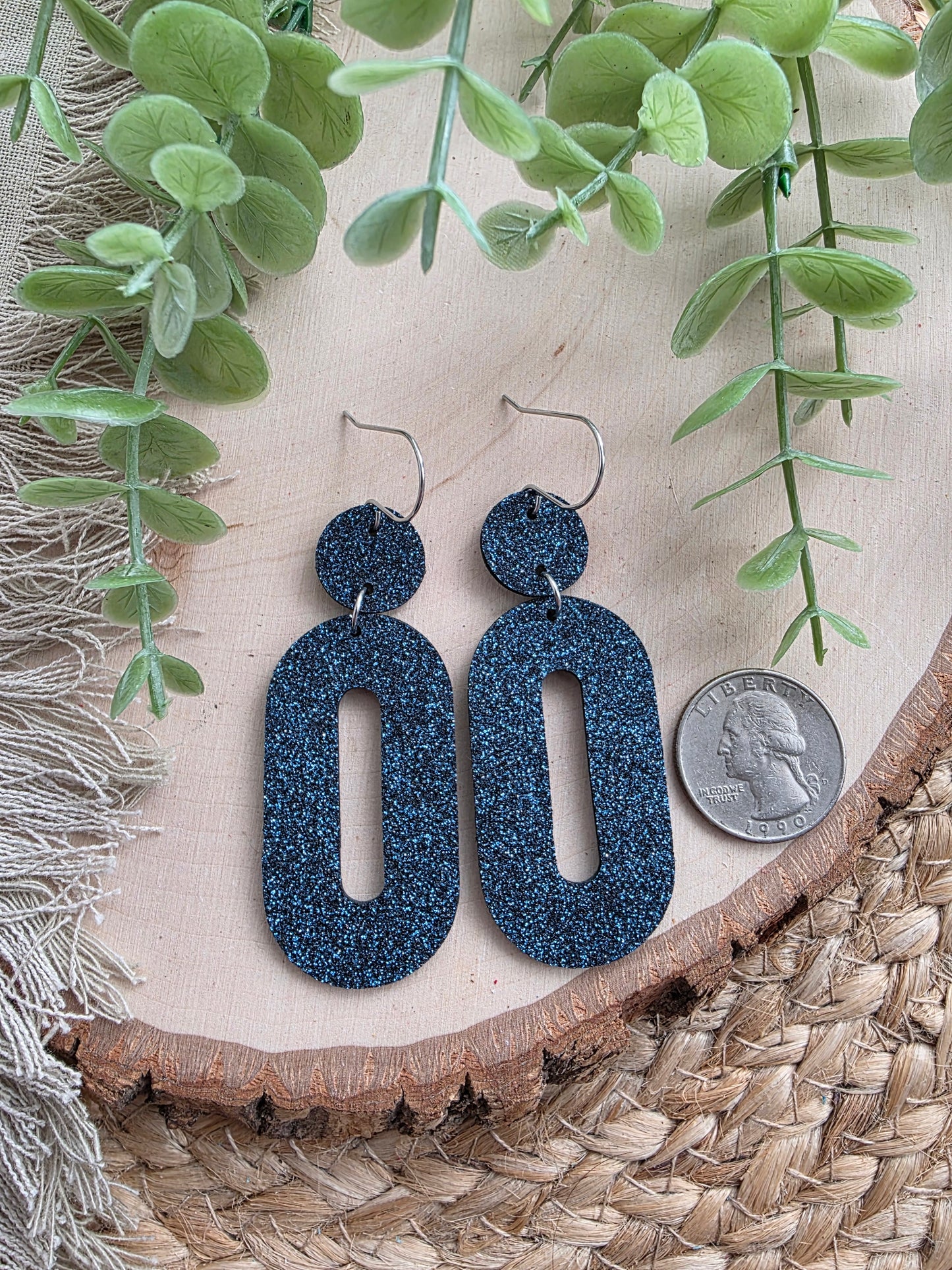 Midnight Blue Glitter Elongated Oval Earrings