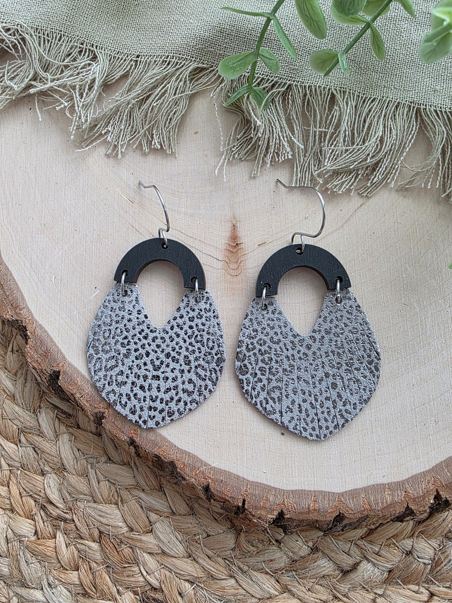Metallic Silver Micro-Leopard Print Fringe Swoop Earrings