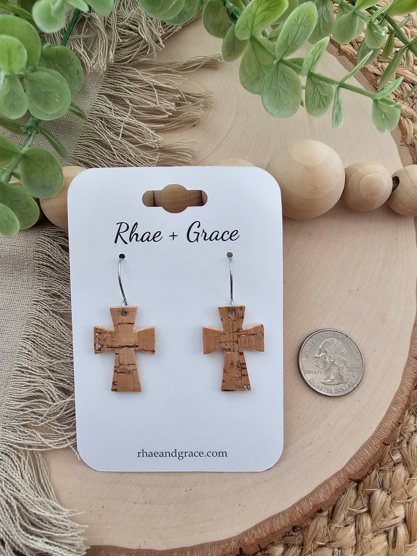 Natural Cork Cross Earrings - Small