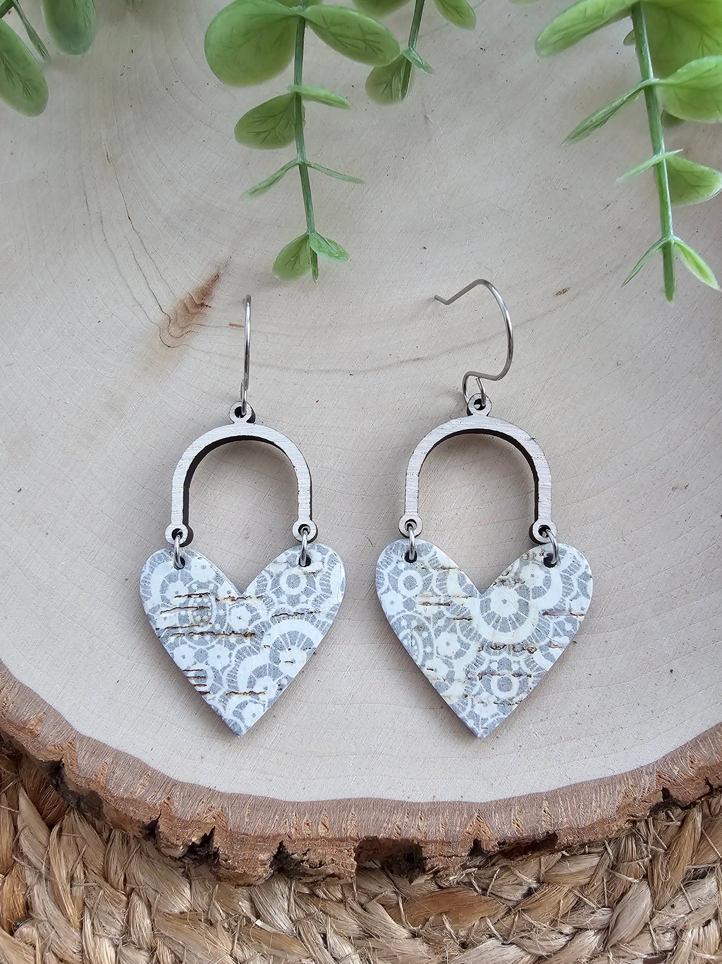 Gray & White Lace Doily Arched Heart Earrings