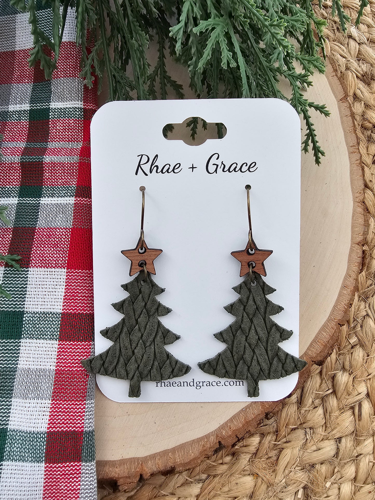 Olive Green Braided Christmas Tree Earrings