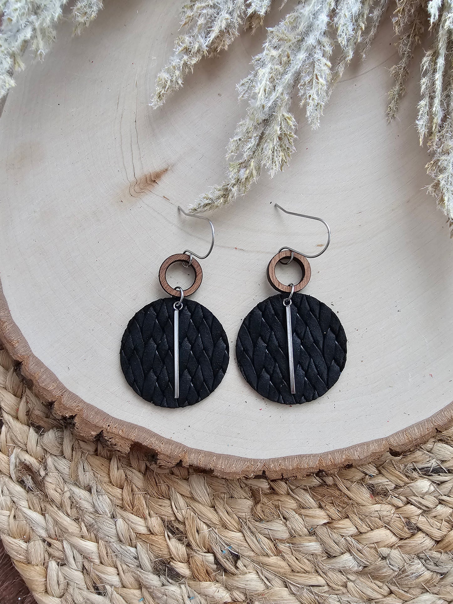 Black Braided Circle Earrings - Silver or Gold