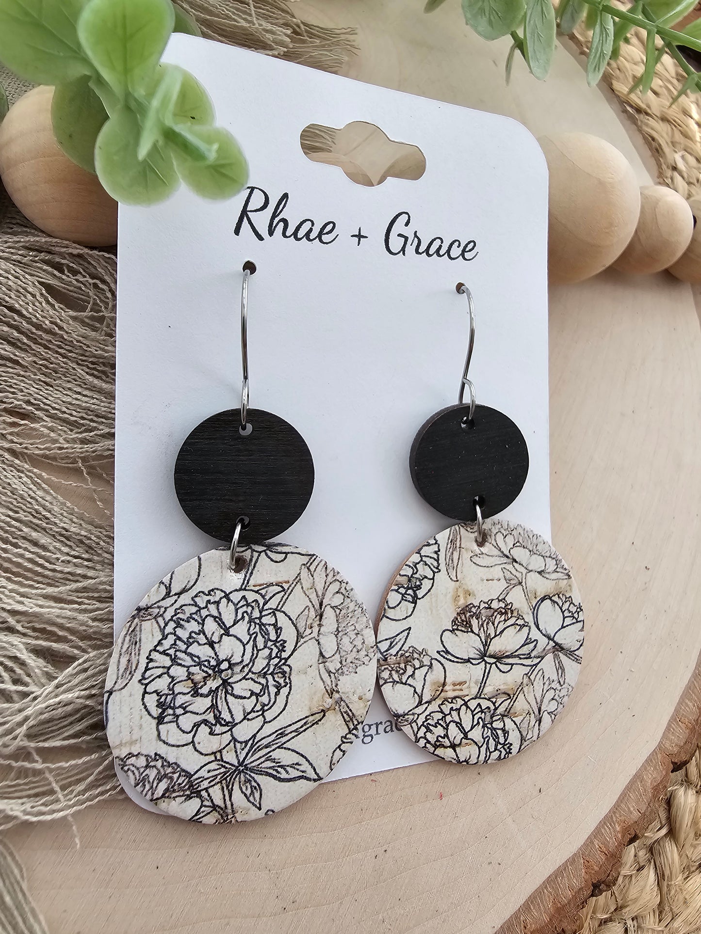 Black & White Sketched Ink Floral Circle Earrings