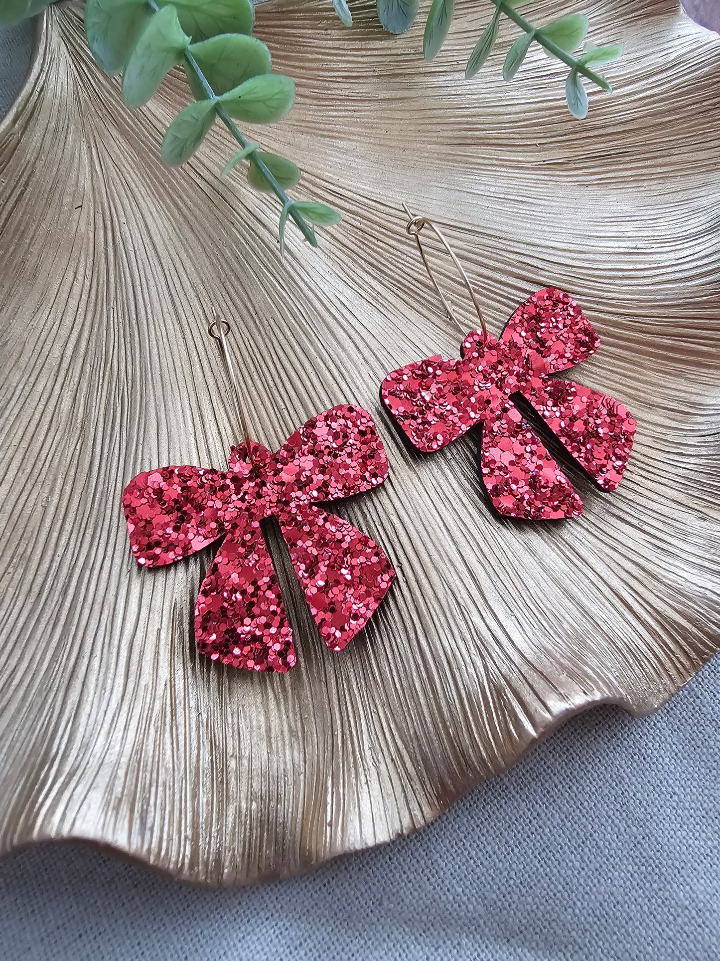 Ruby Red Glitter Bow Earrings