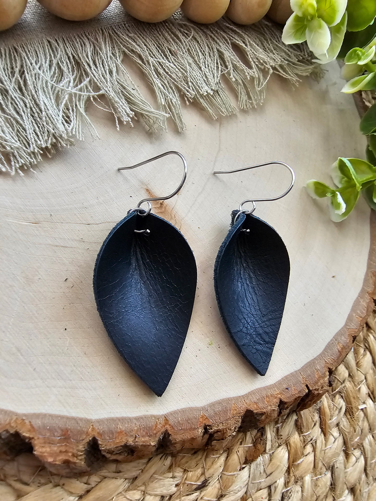 Distressed Matte Black Pinched Petal Earrings - Small (2")