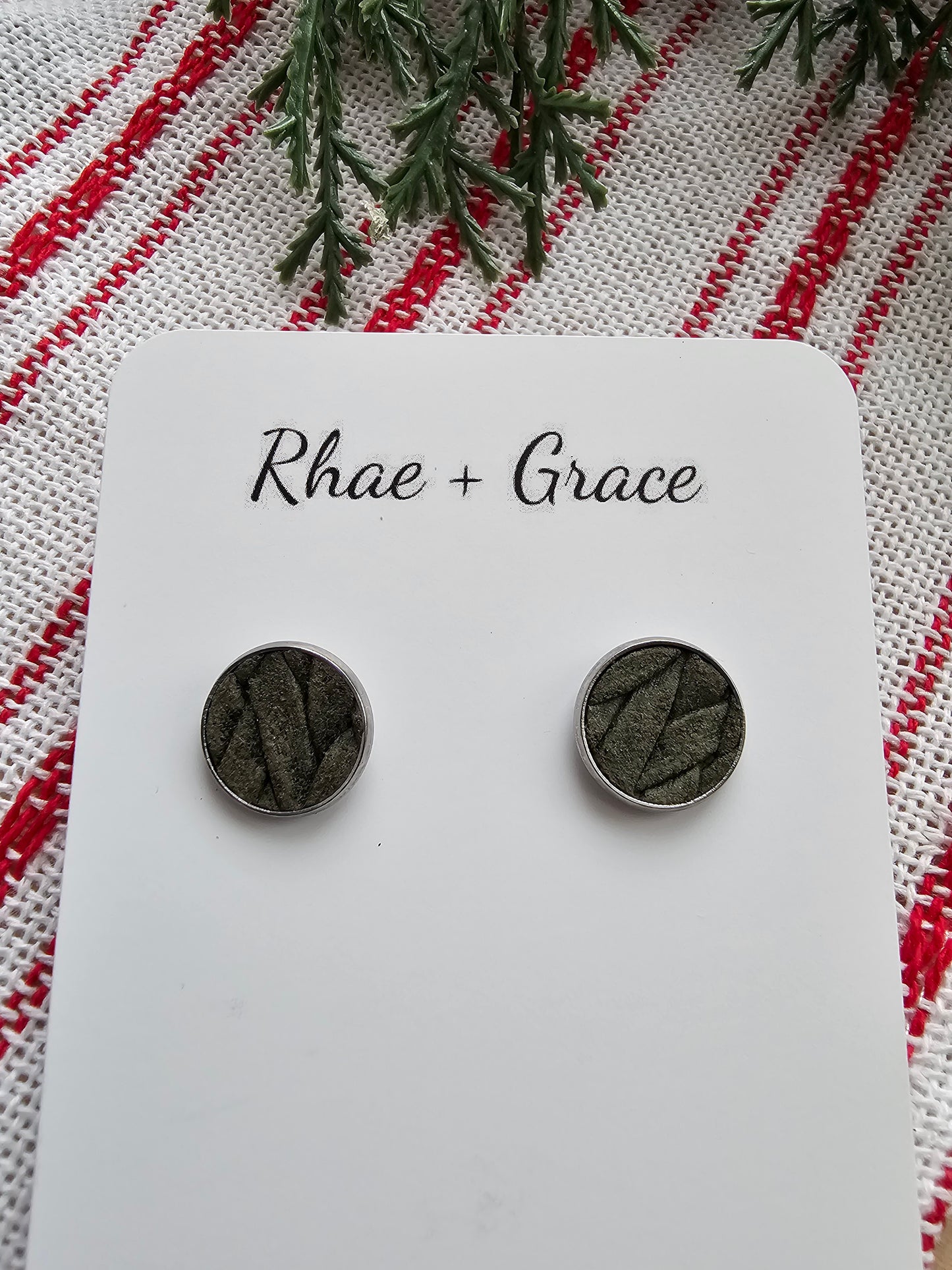 Olive Green Braided Embossed Stud Earrings - 12mm