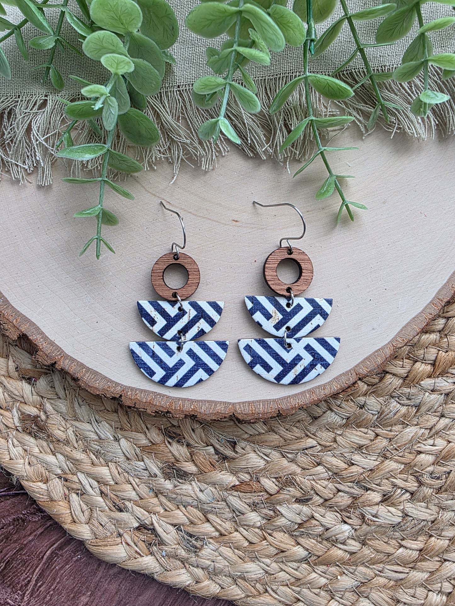 Blue & White Stacked Crescent Dangle Earrings