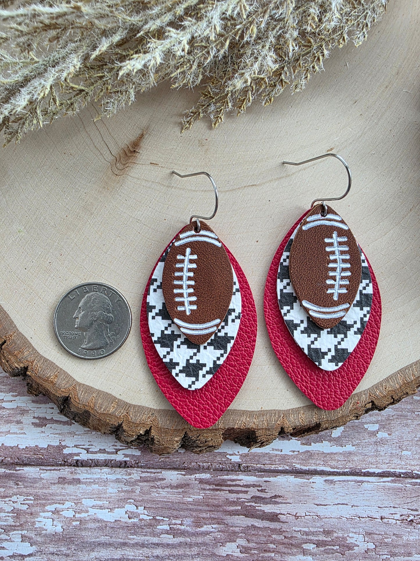 Dark Red & Houndstooth Layered Leather Football Earrings