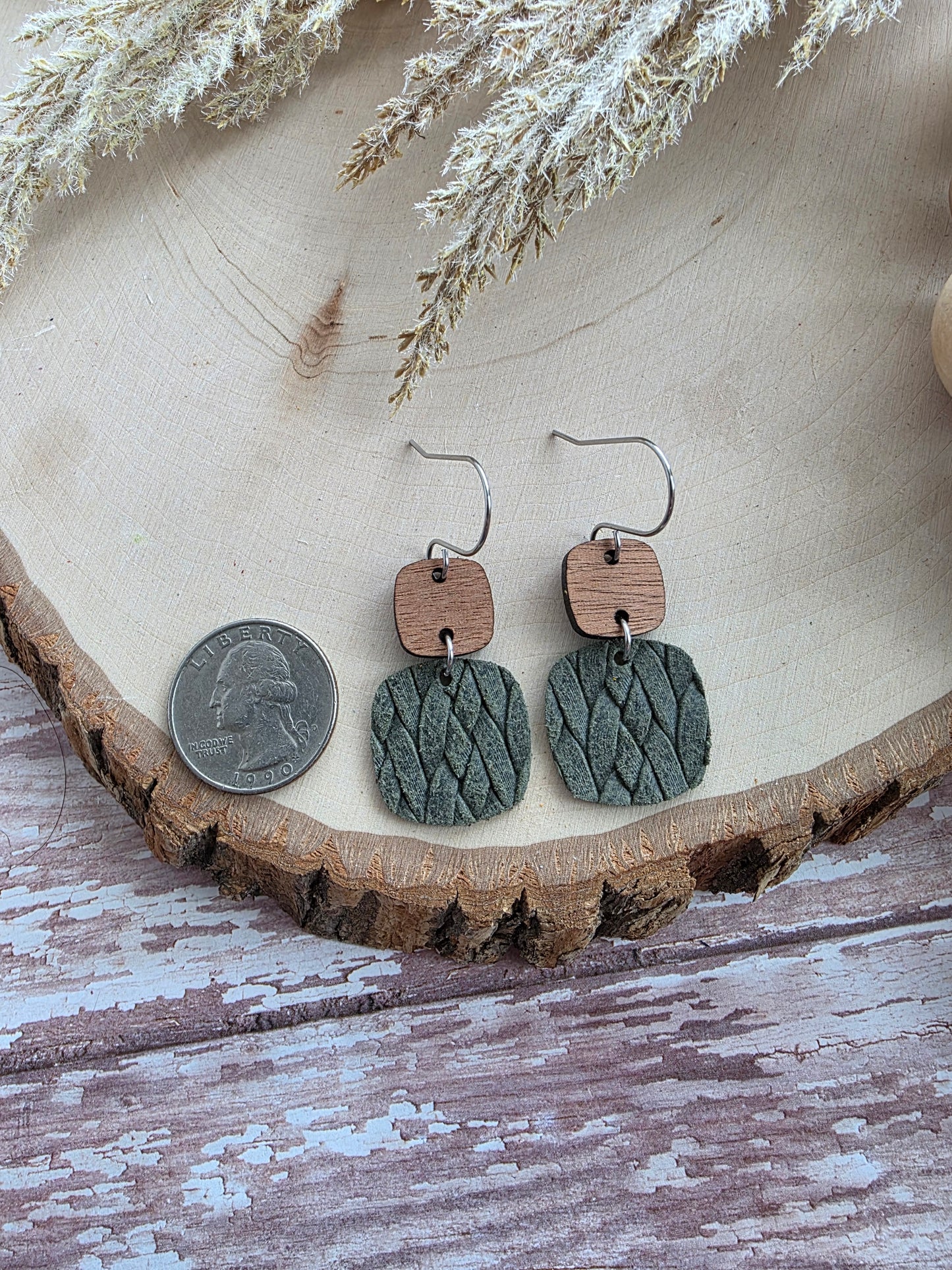 Dark Olive Green Braid Embossed Rounded Square Earrings