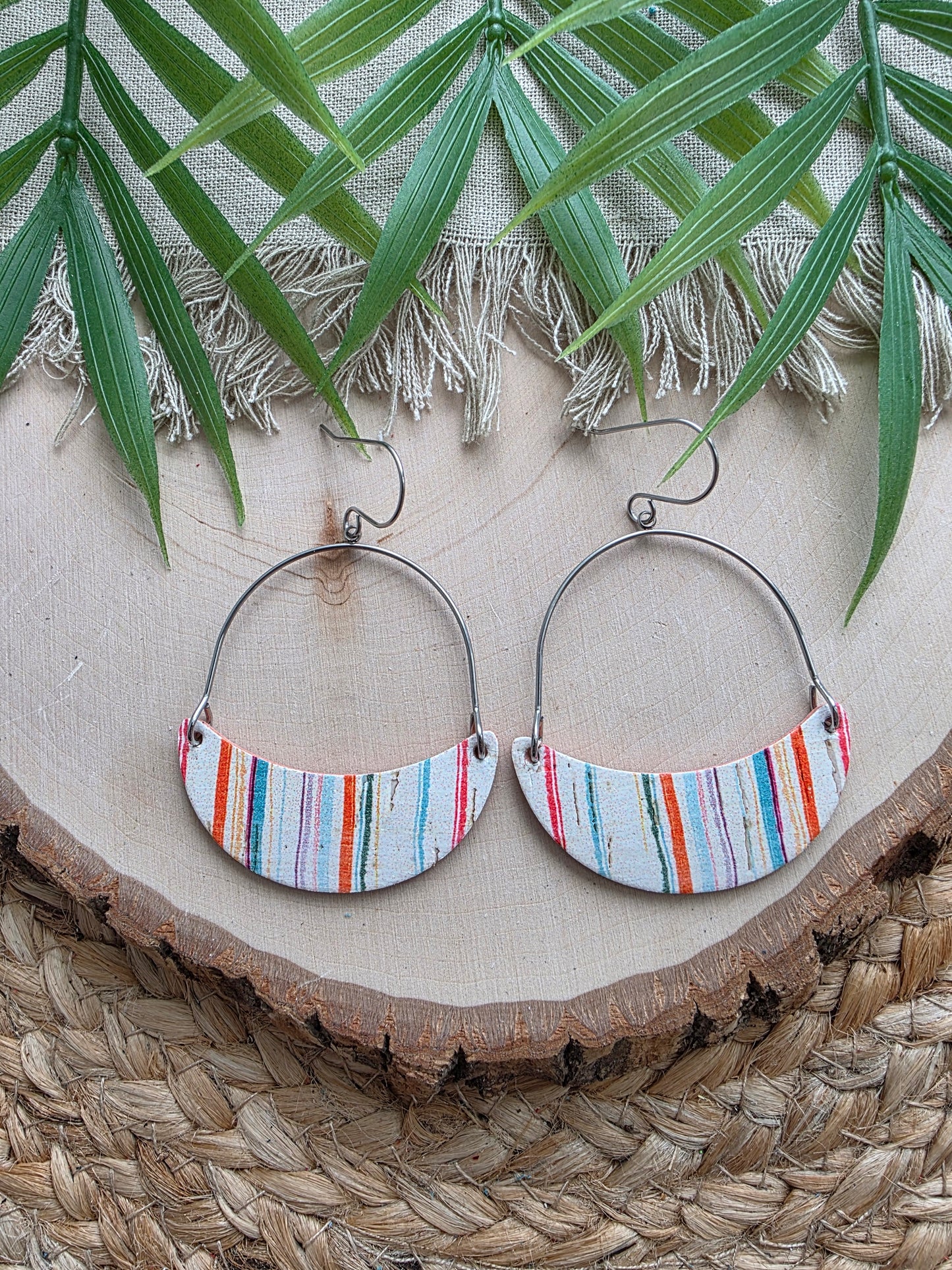 Summer Stripes Crescent Hoop Leather Earrings