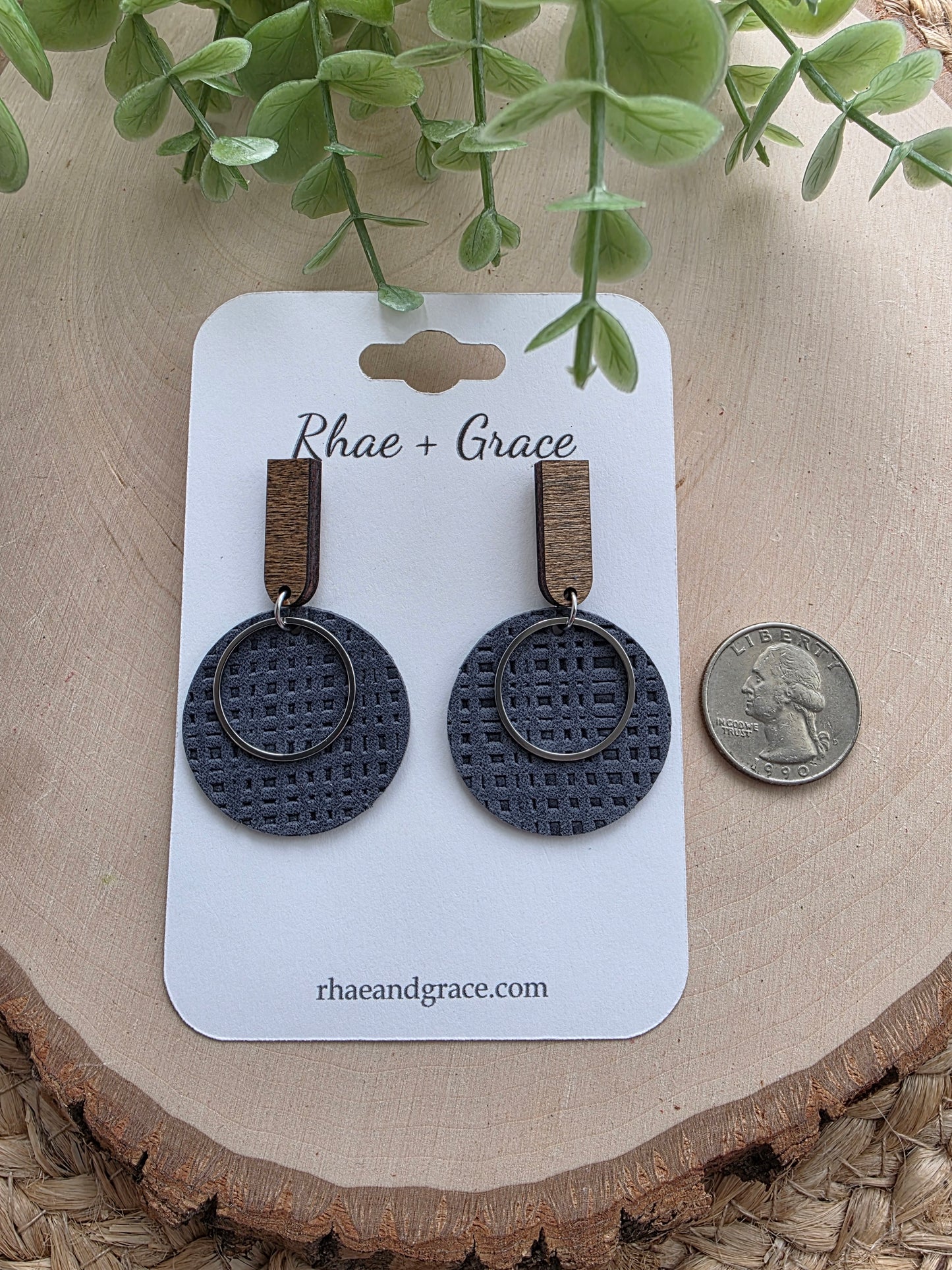 Navy Blue Embossed Linen Circle Earrings