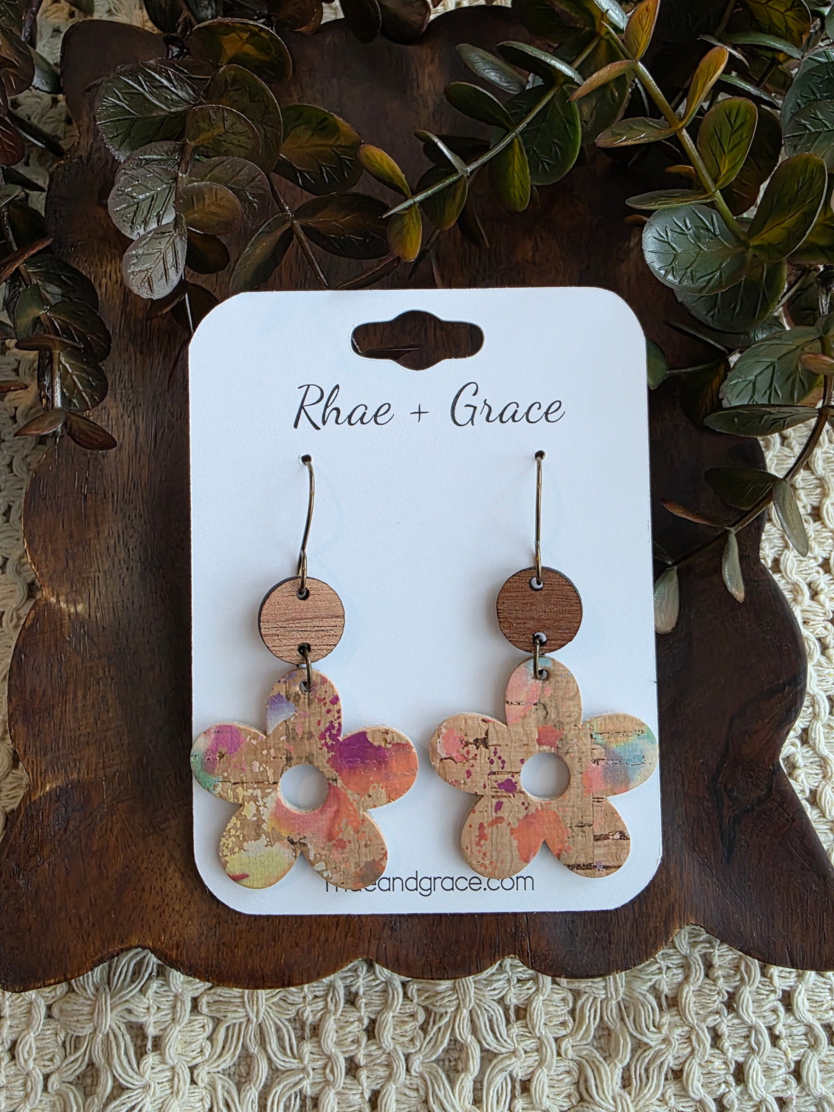 Paint Splatter Natural Cork Flower Earrings