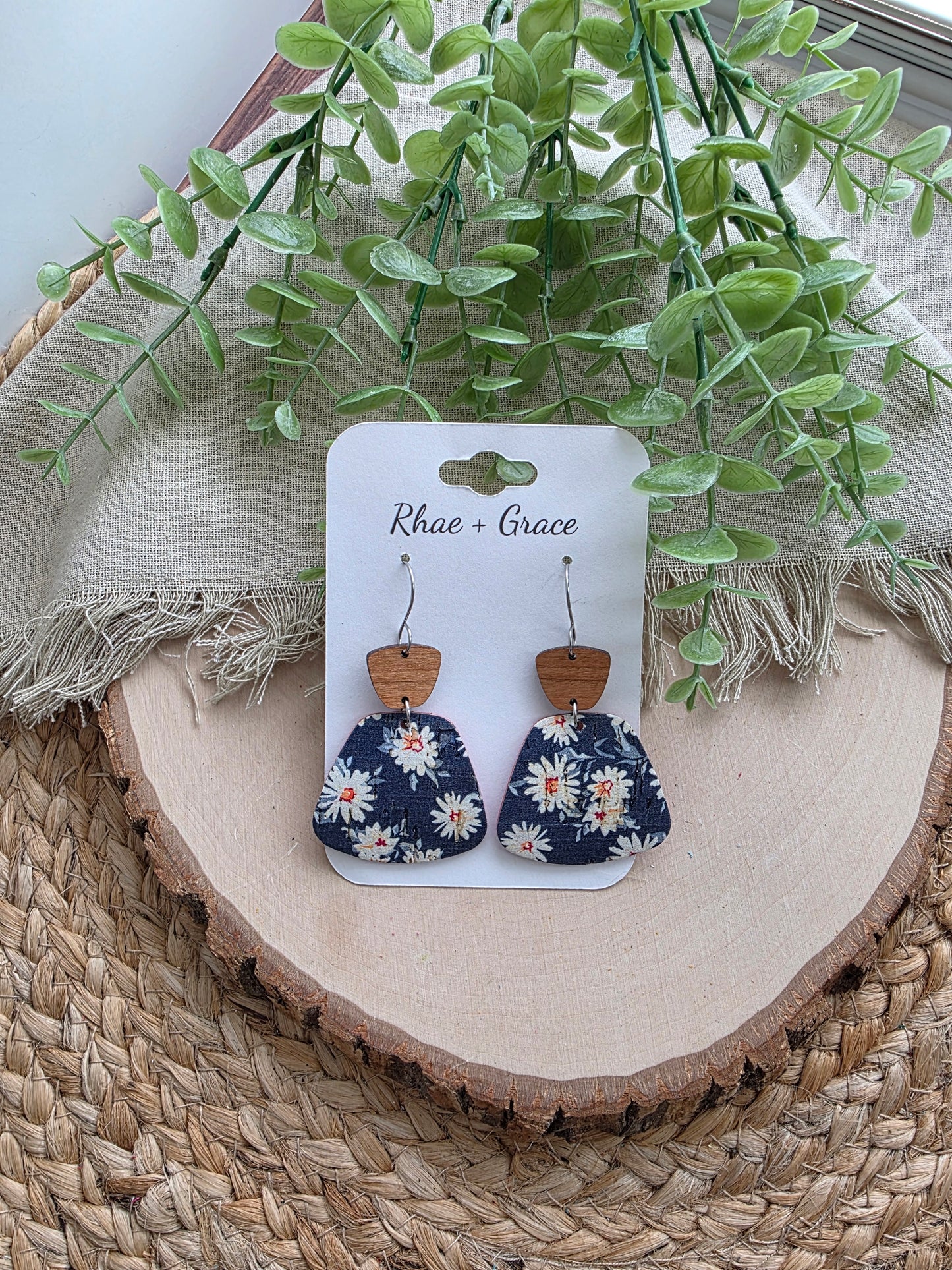 Navy Blue Daisy Rounded Trapezoid Earrings