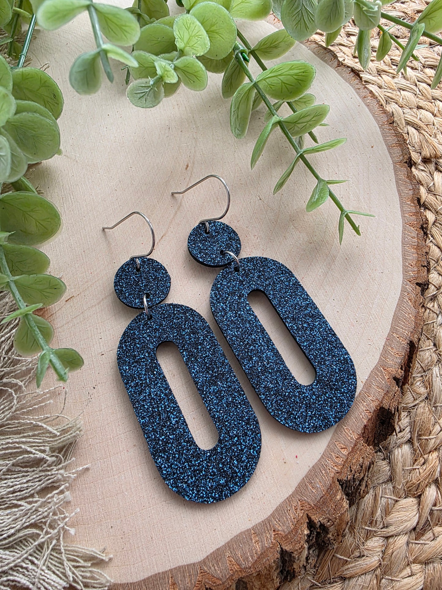 Midnight Blue Glitter Elongated Oval Earrings