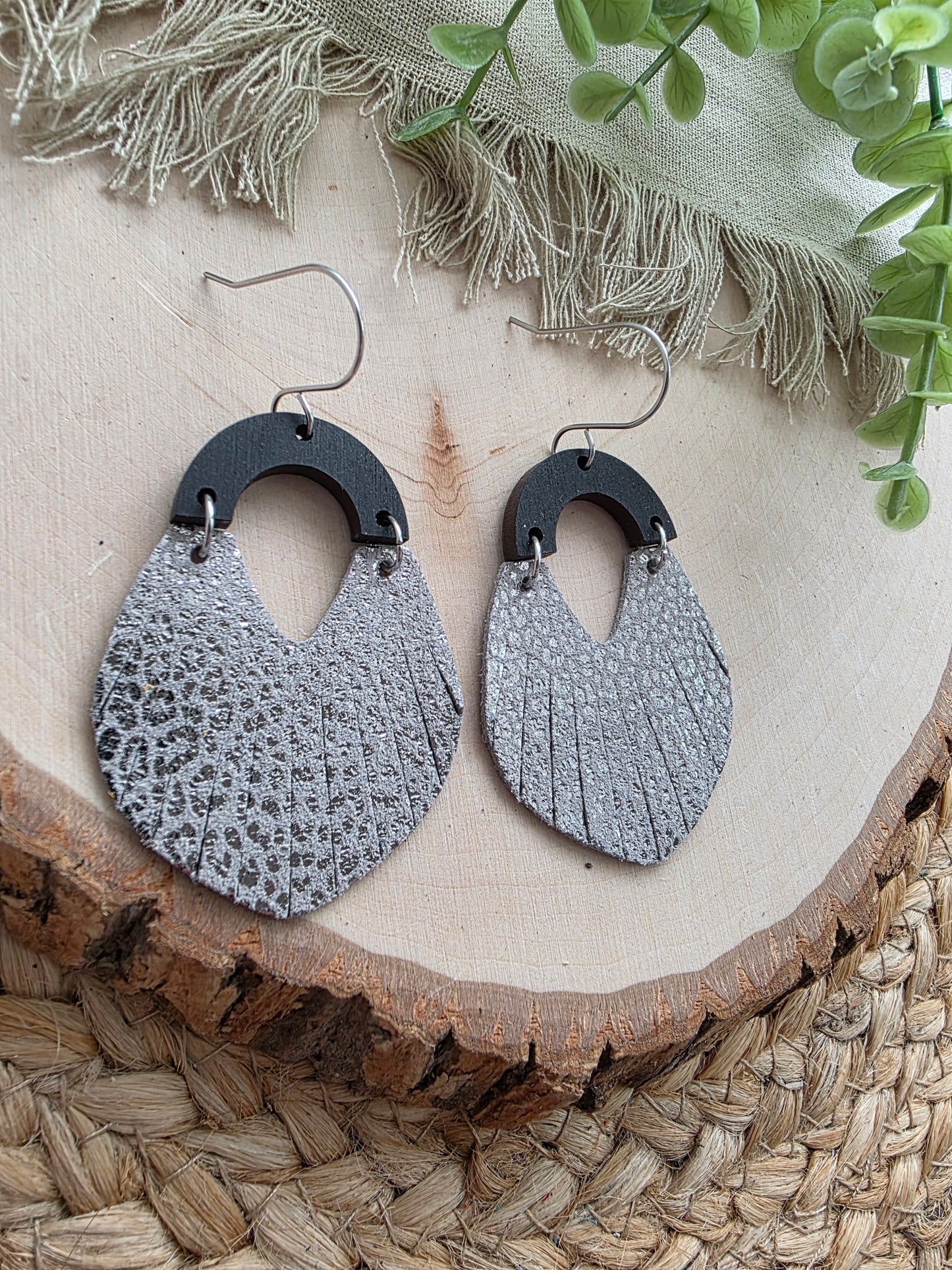 Metallic Silver Micro-Leopard Print Fringe Swoop Earrings