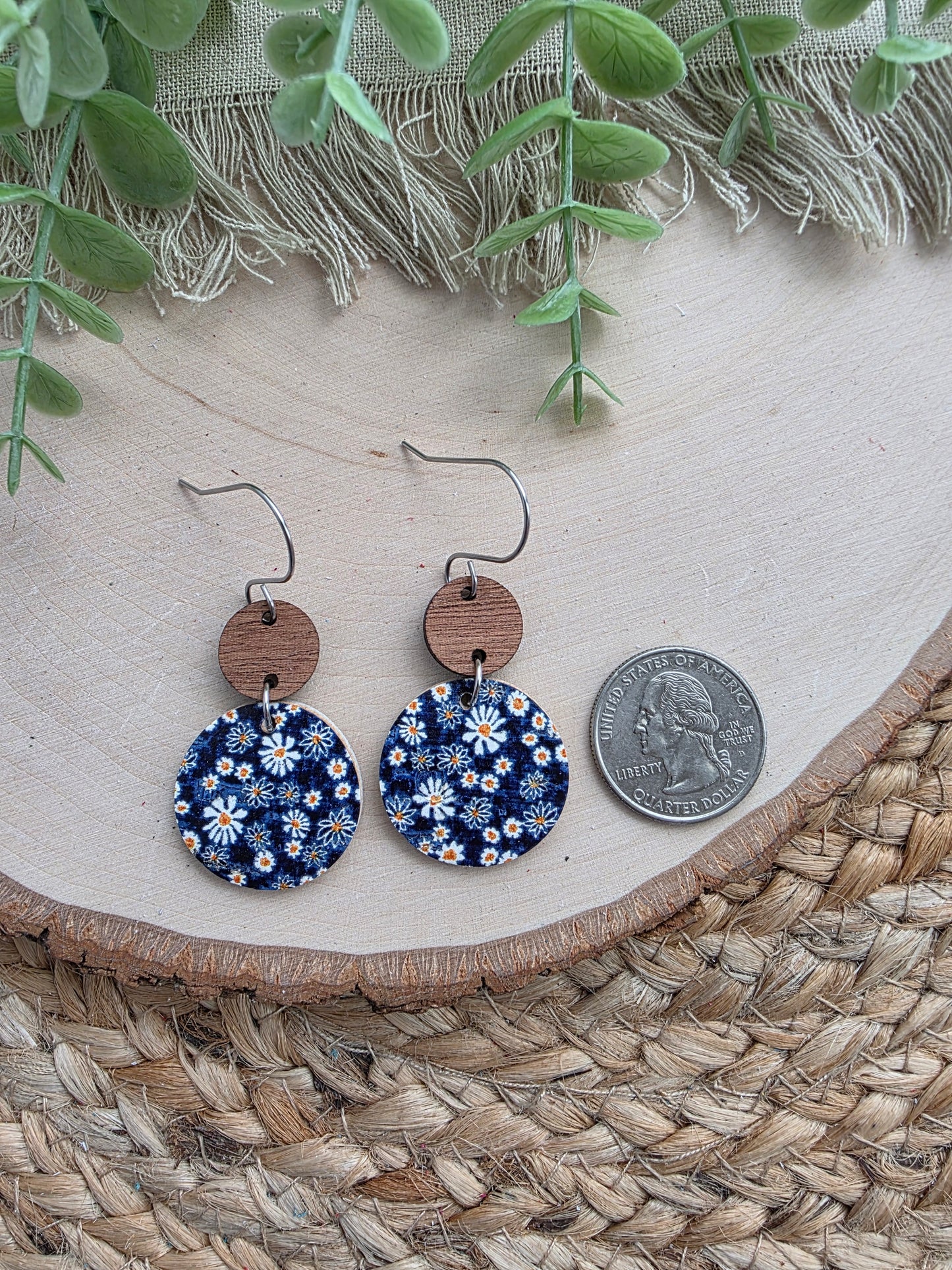 Tiny Daisies on Navy Blue Floral Circle Earrings