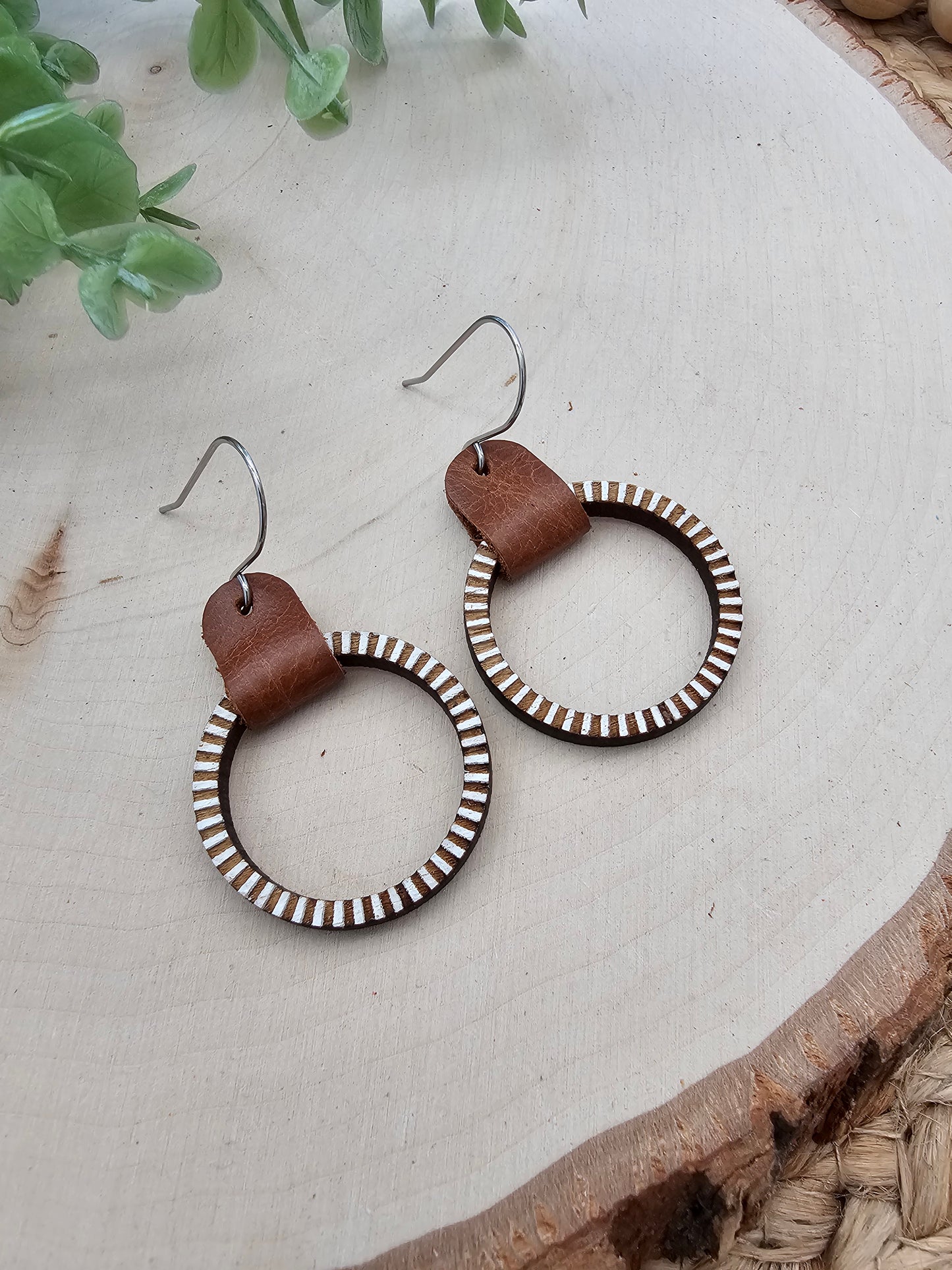 Engraved Striped Wood & Leather Hoop Earrings - 3 Sizes