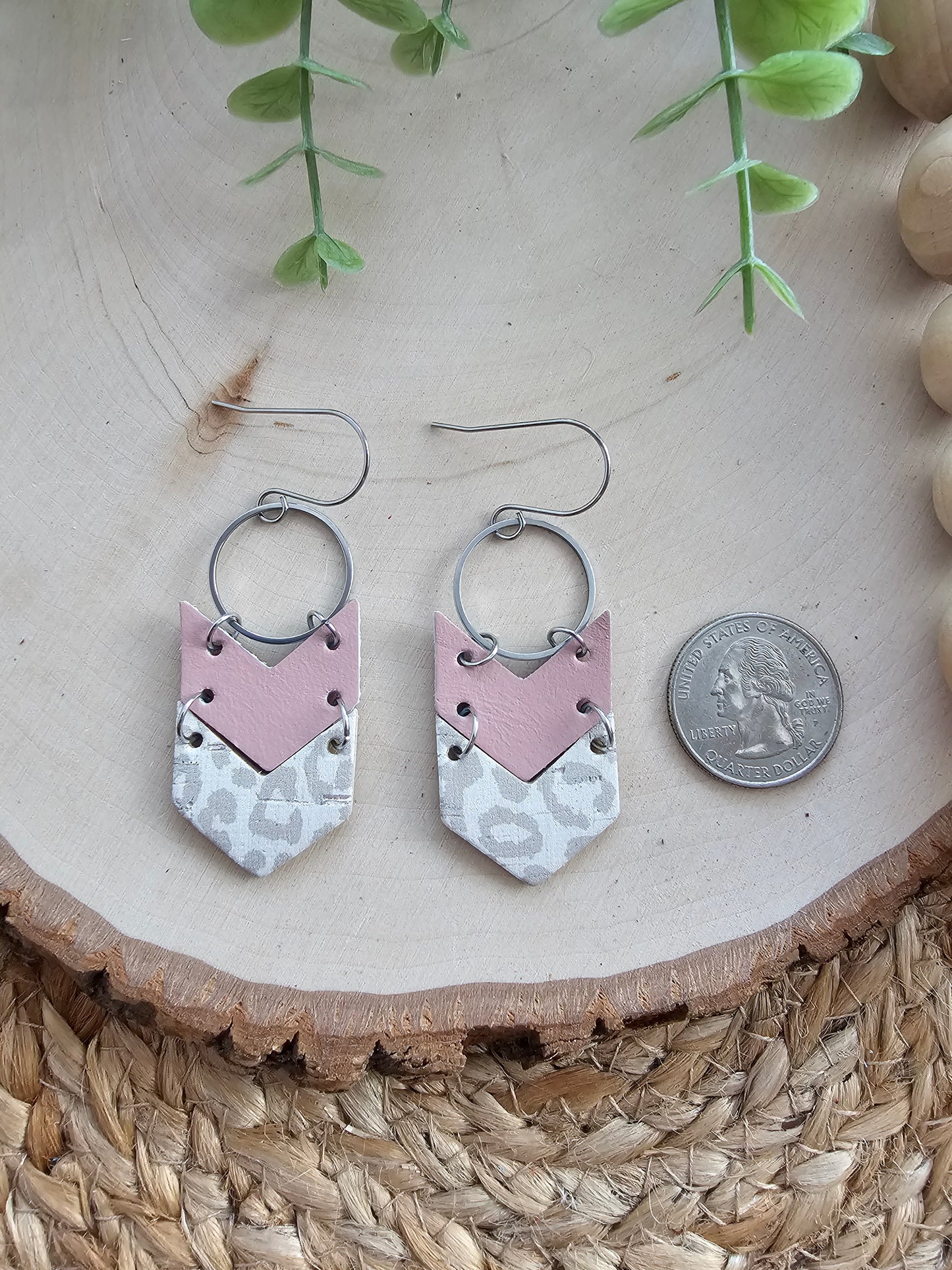 Snow Leopard Print & Pink Double Chevron Earrings