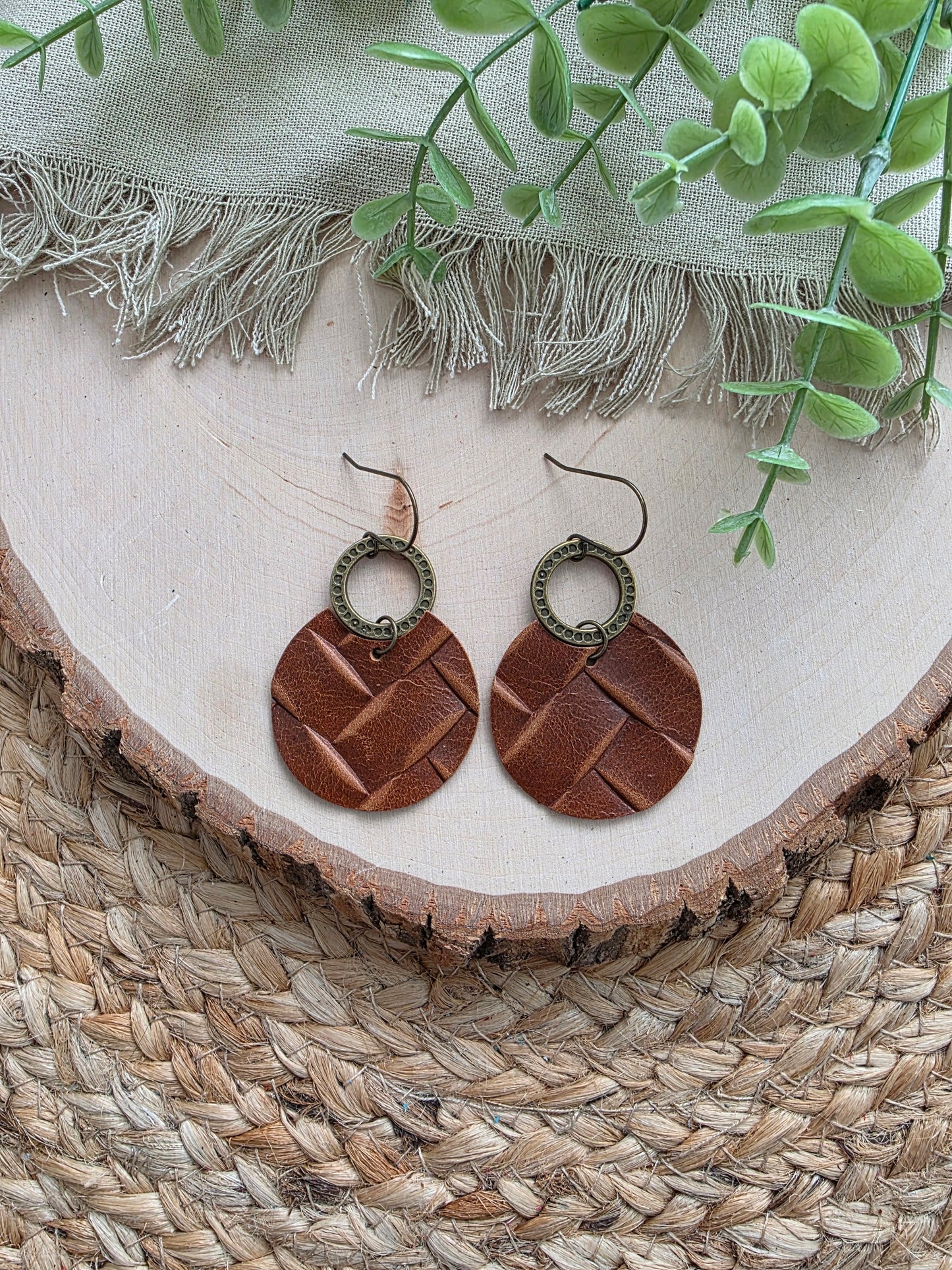 Saddle Brown Box Braid Embossed Circle Earrings