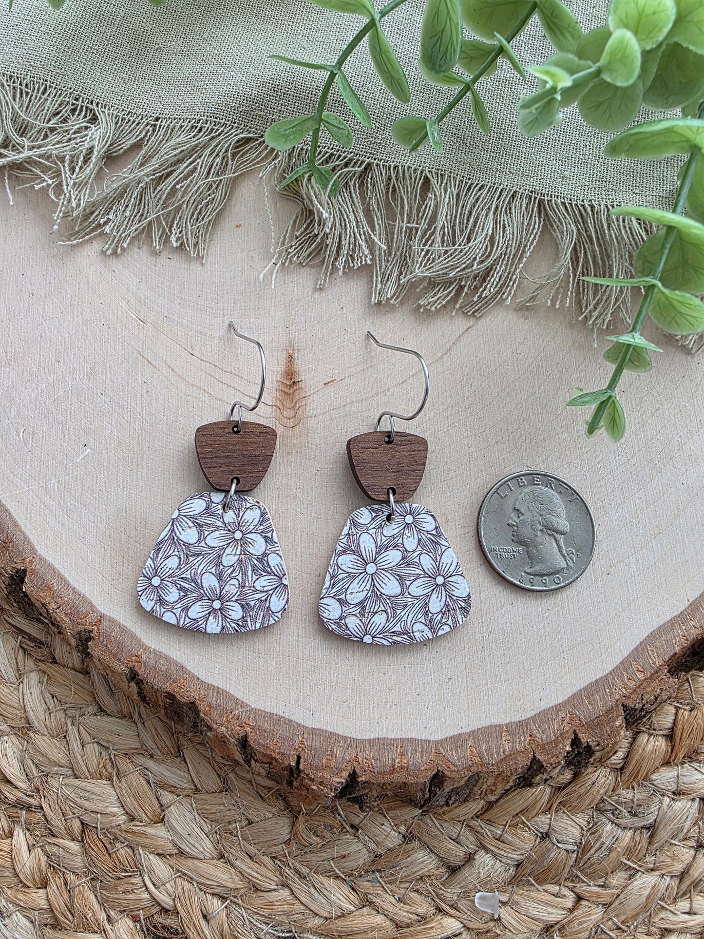 Neutral Floral Rounded Trapezoid Earrings