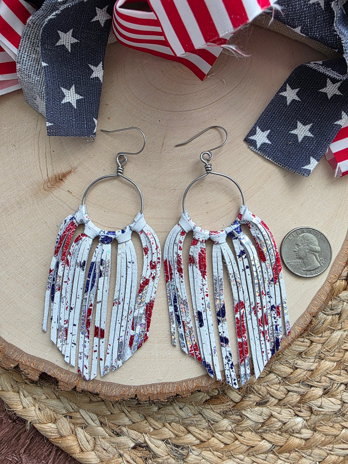 Patriotic Metallic Splatter Leather Fringe Statement Earrings