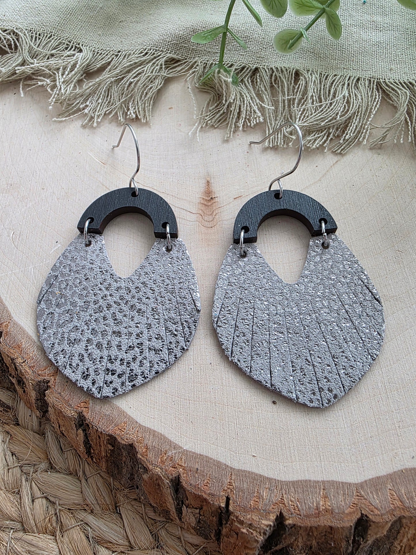 Metallic Silver Micro-Leopard Print Fringe Swoop Earrings
