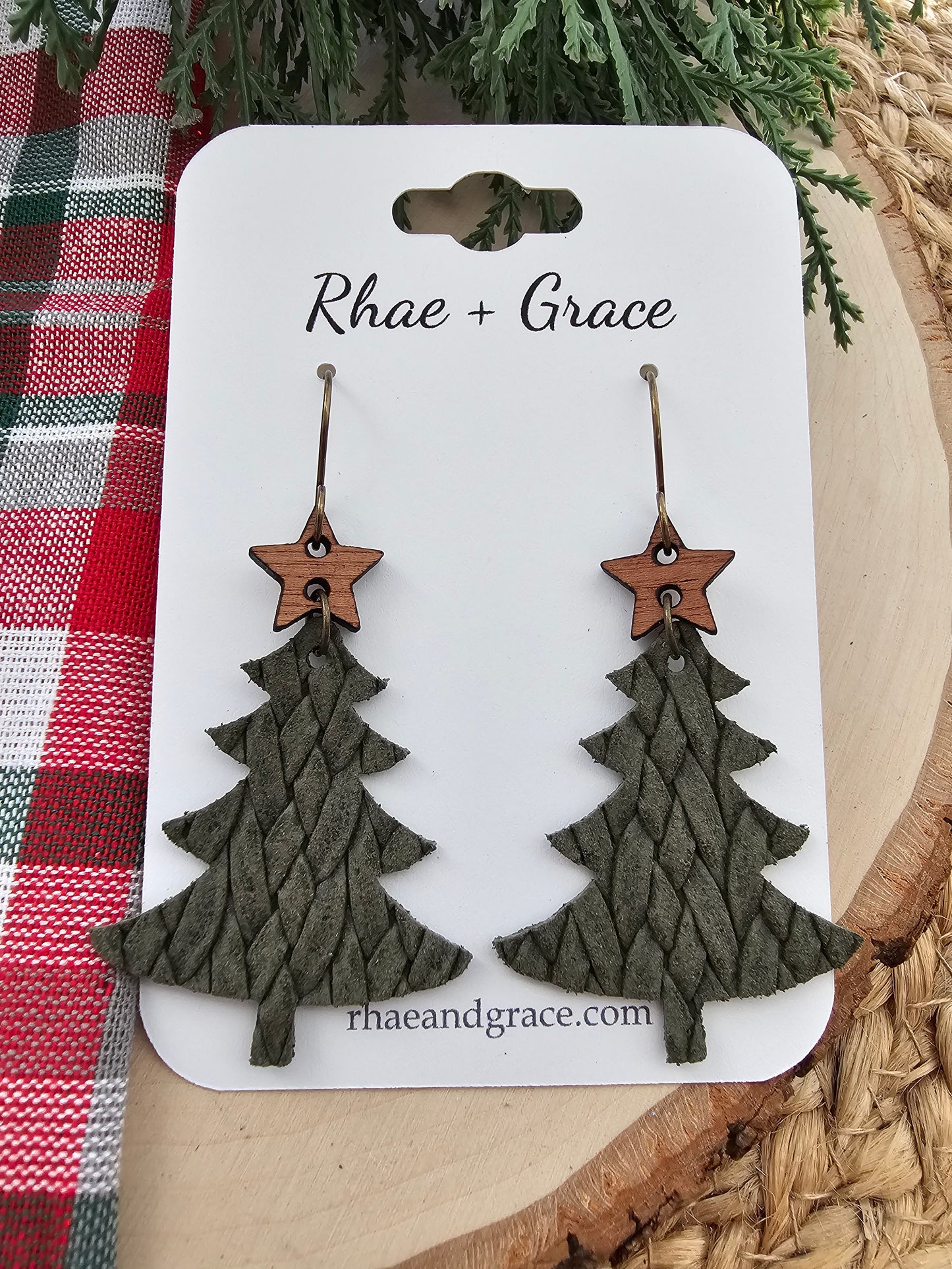 Olive Green Braided Christmas Tree Earrings