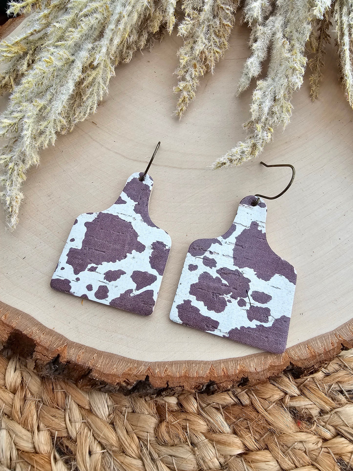 Brown & Cream Cow Print Cattle Tag Earrings