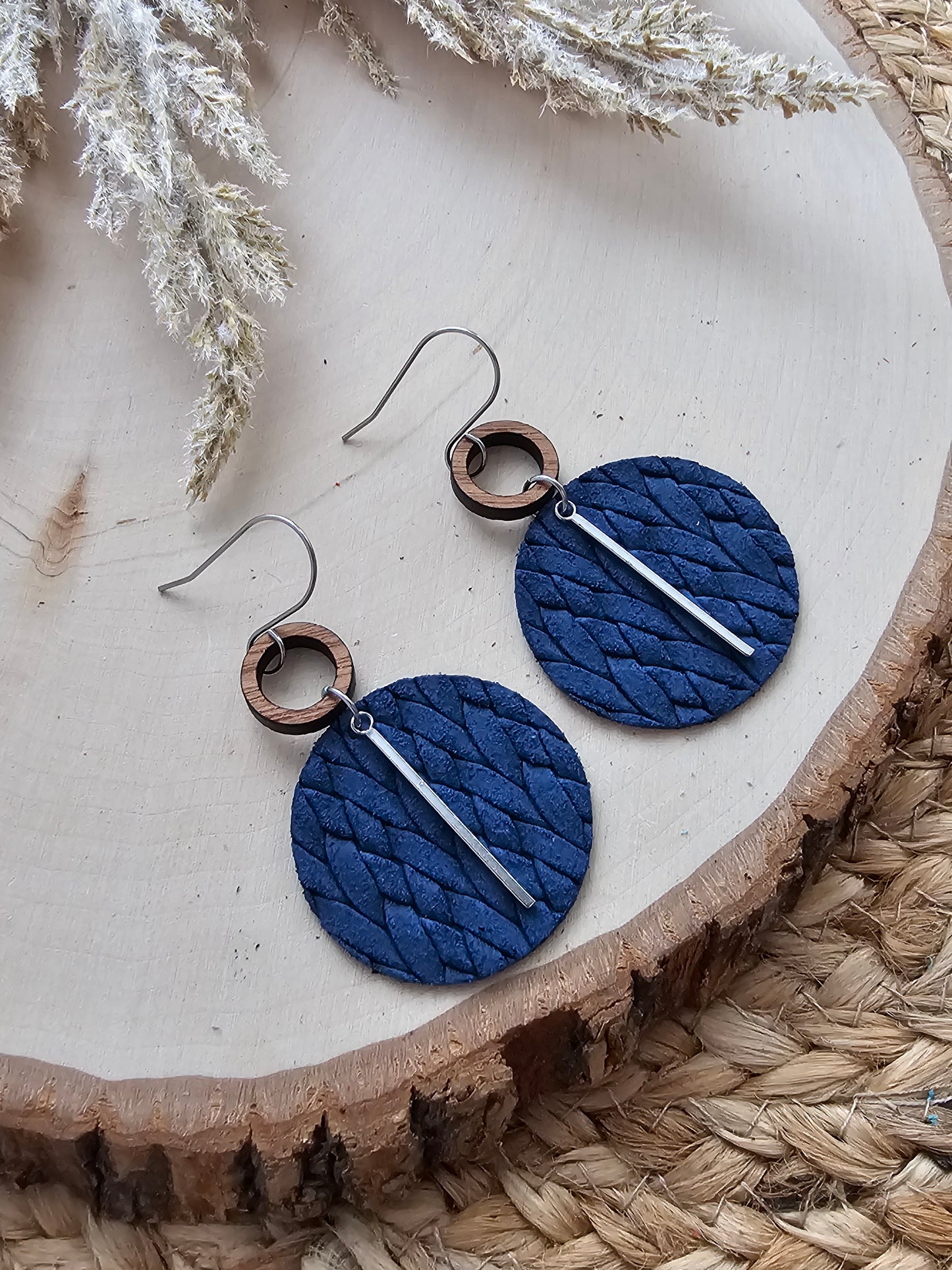 Navy Blue Braided Circle Earrings - Silver or Gold
