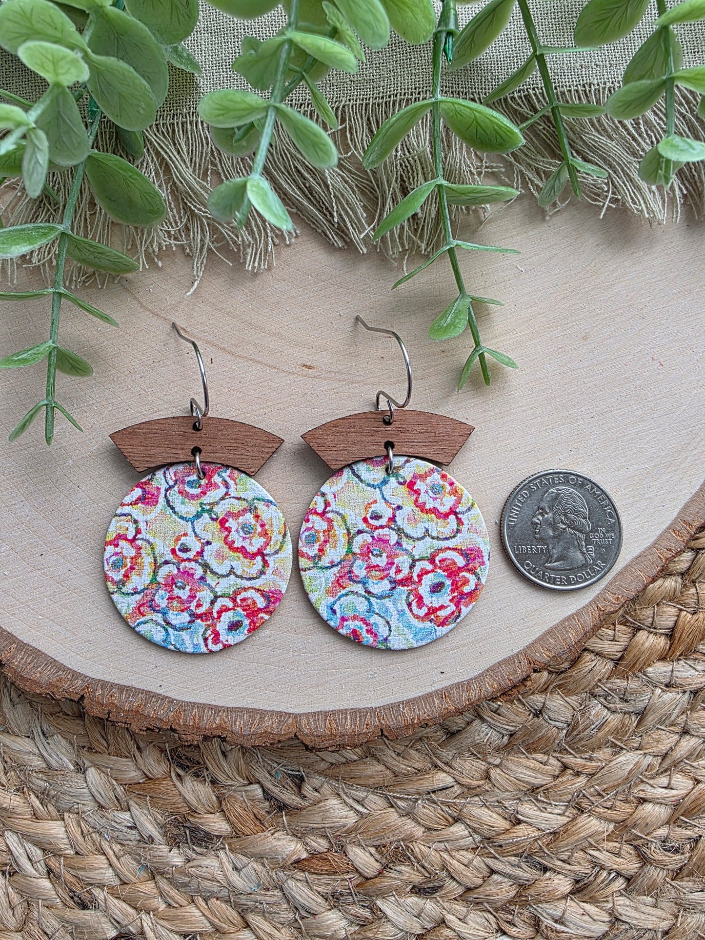 Colorful Sketched Floral Circle Earrings