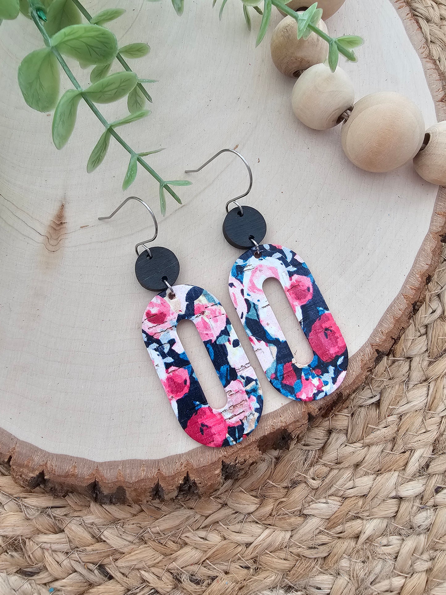 Midnight Rose Garden Floral Elongated Oval Earrings
