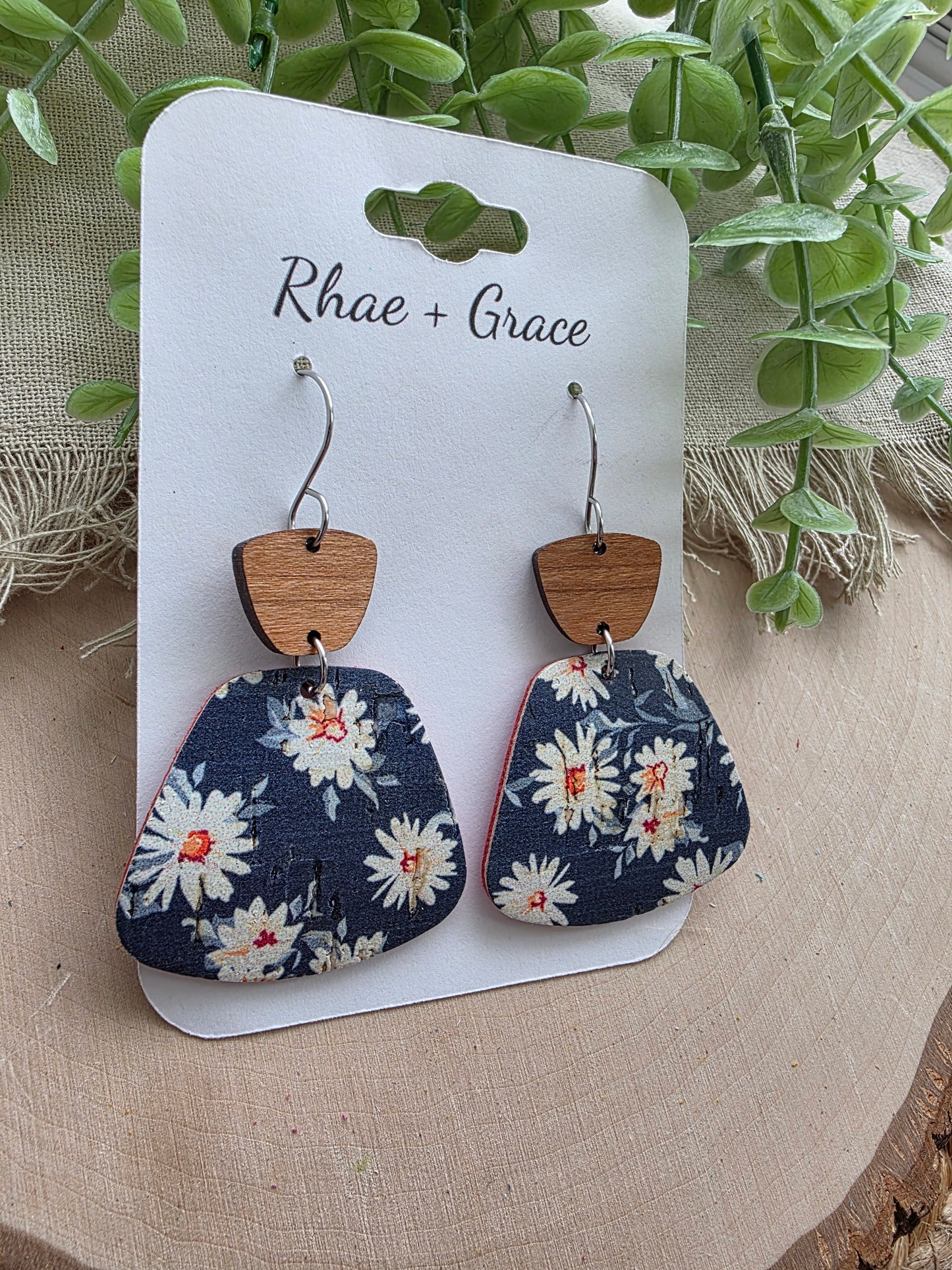 Navy Blue Daisy Rounded Trapezoid Earrings