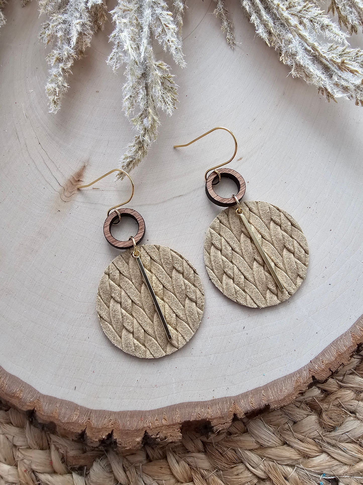 Beige Braided Circle Earrings - Silver or Gold