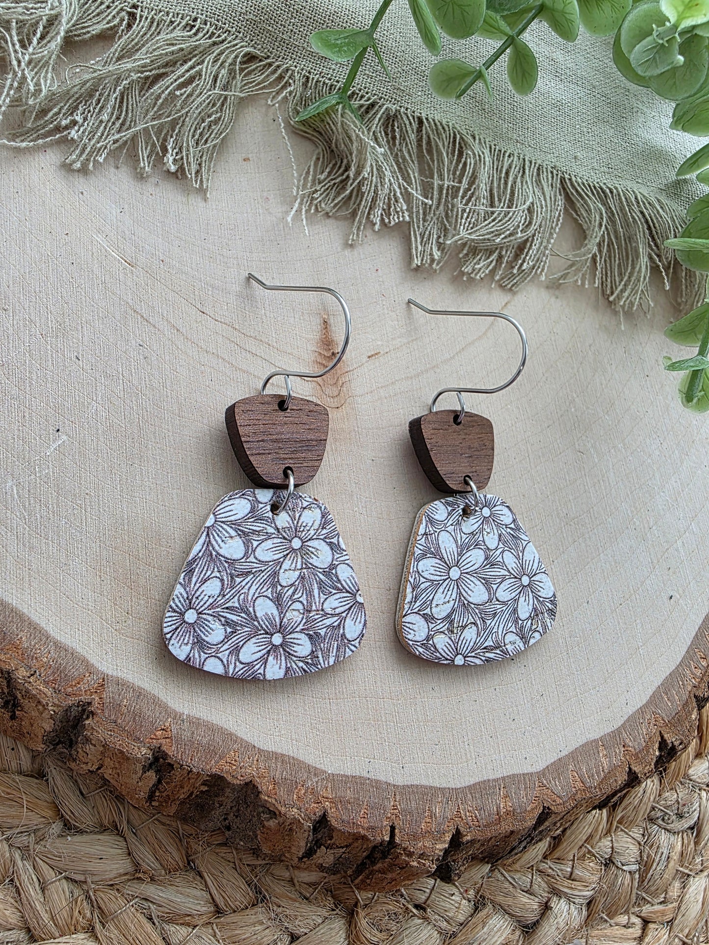 Neutral Floral Rounded Trapezoid Earrings