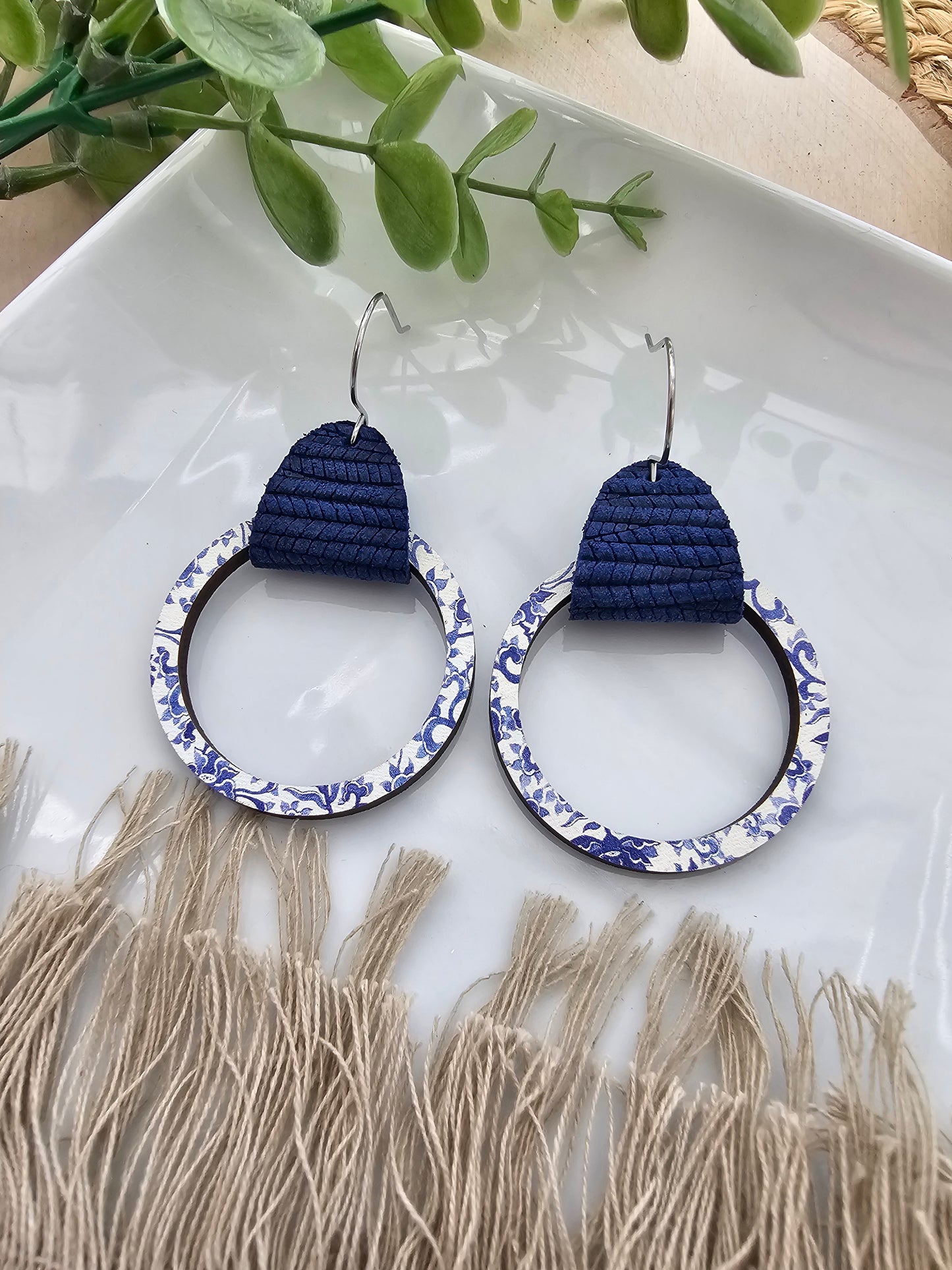 Blue & White China Leather & Wood Single Hoop Earrings