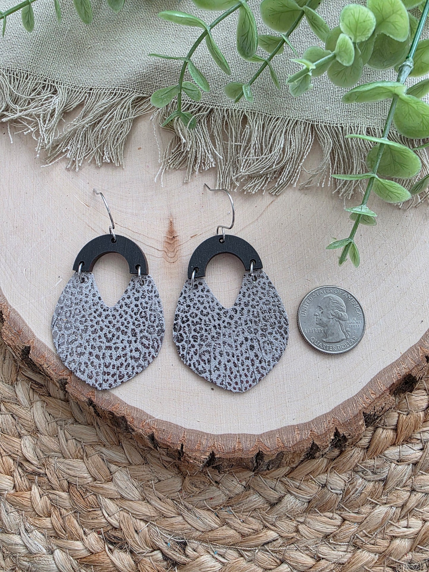 Metallic Silver Micro-Leopard Print Fringe Swoop Earrings